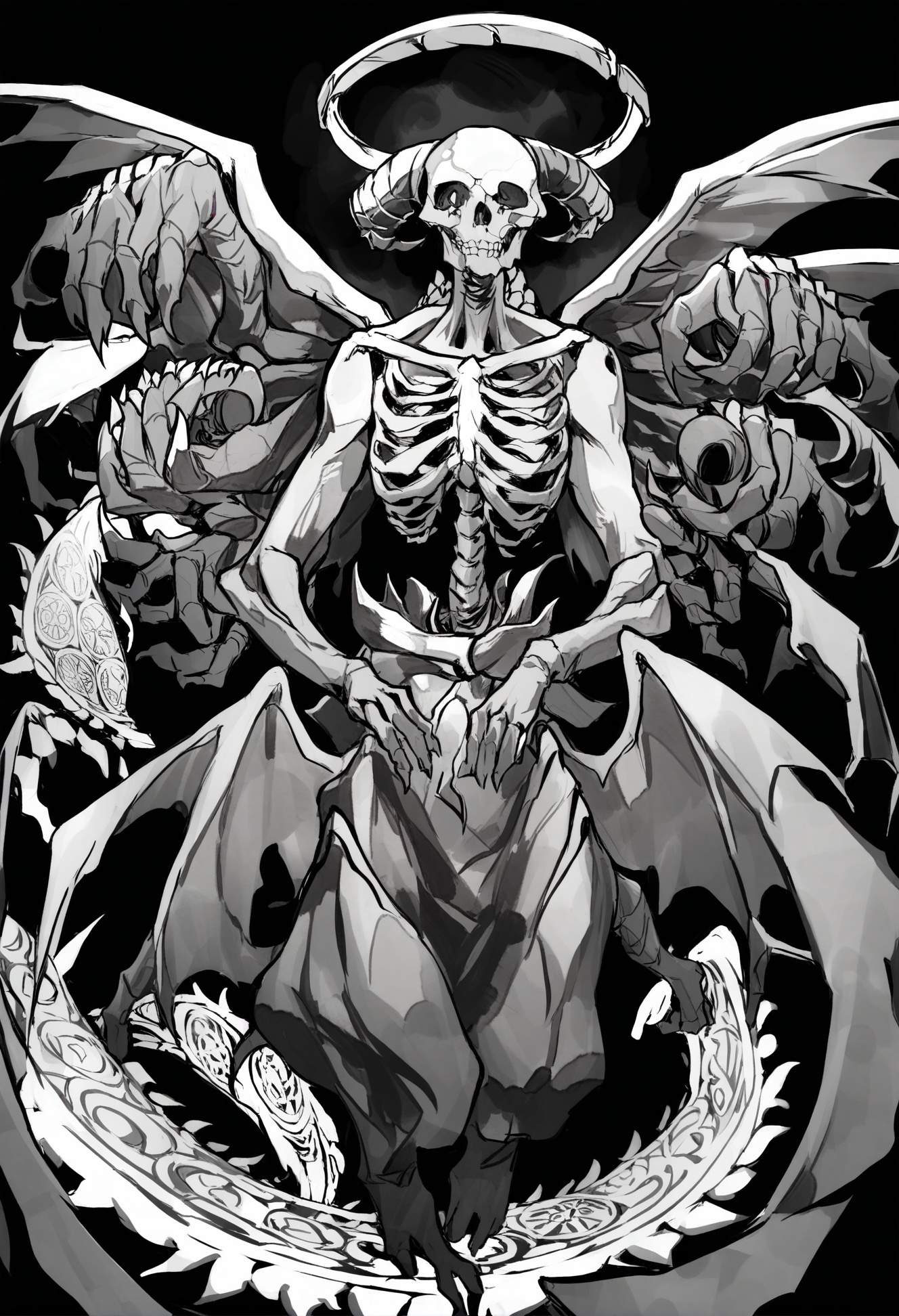masterpiece, best quality,   solo, skull, extra arms, no humans, claws, horns, monochrome, extra eyes, extra faces, demon boy, size difference, magic circle, multiple hands, hands up, demon, spread wings, greyscale, looking at viewer, multiple faces, spikes, golem, monster, halo, eldritch abomination, rune of death, alien, flying, black background, skeleton, undead, skull pa itejede, ribs, facing viewer, simple background, fantasy, wings <lora:COCOballXLlokr8f-000123:0.95>