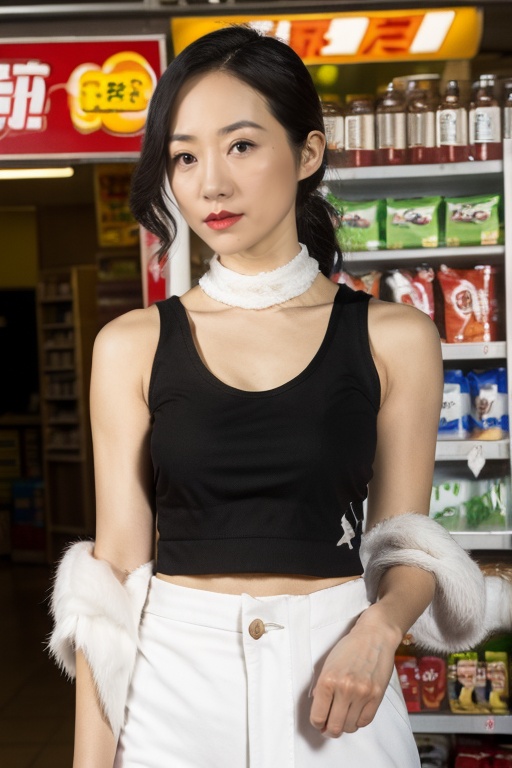 (((masterpiece))),(((best quality))),HDR,UHD,8K,Vivid Colors,solo,medium-shot,(1girl:1.5),(standing:1.3),from front,(looking at viewer:1.6),narrow_waist,(****_top:1.6),Elegant,detailed gorgeous face,absolute_territory,medium breasts,shiny,fluffy hair,(convenience store:1.3),navel,upper body,choker,skirt,off shoulder,,<lora:hanxue:1>