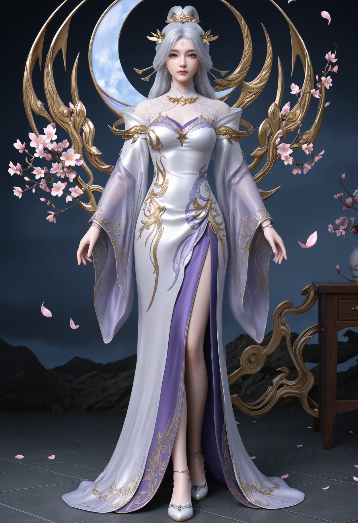 (standing full_body:1.1),(looking at viewer:1.1),masterpiece,(best quality),smog,Dark room,dim lighting,peach blossom,falling petals,<lora:YQ_Illustrious光辉v5_月神_仙武传_V1:0.8>,q1528437228,1girl,solo,long hair,hair ornament,jewelry,white hair,forehead mark,earrings,dress,white dress,blue eyes,grey hair,crescent earrings,long sleeves,grey eyes,high heels,white footwear,hair bun,flower,wide sleeves,pantyhose,shoes,bracelet,side slit,