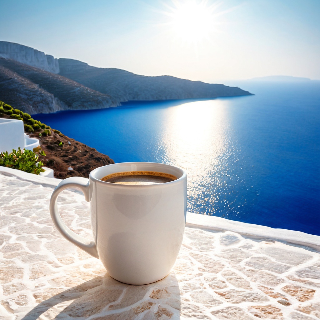 scenegreekislan,  a ceramic coffee mug,  Greek island whitewashed terrace on Tensor.Art