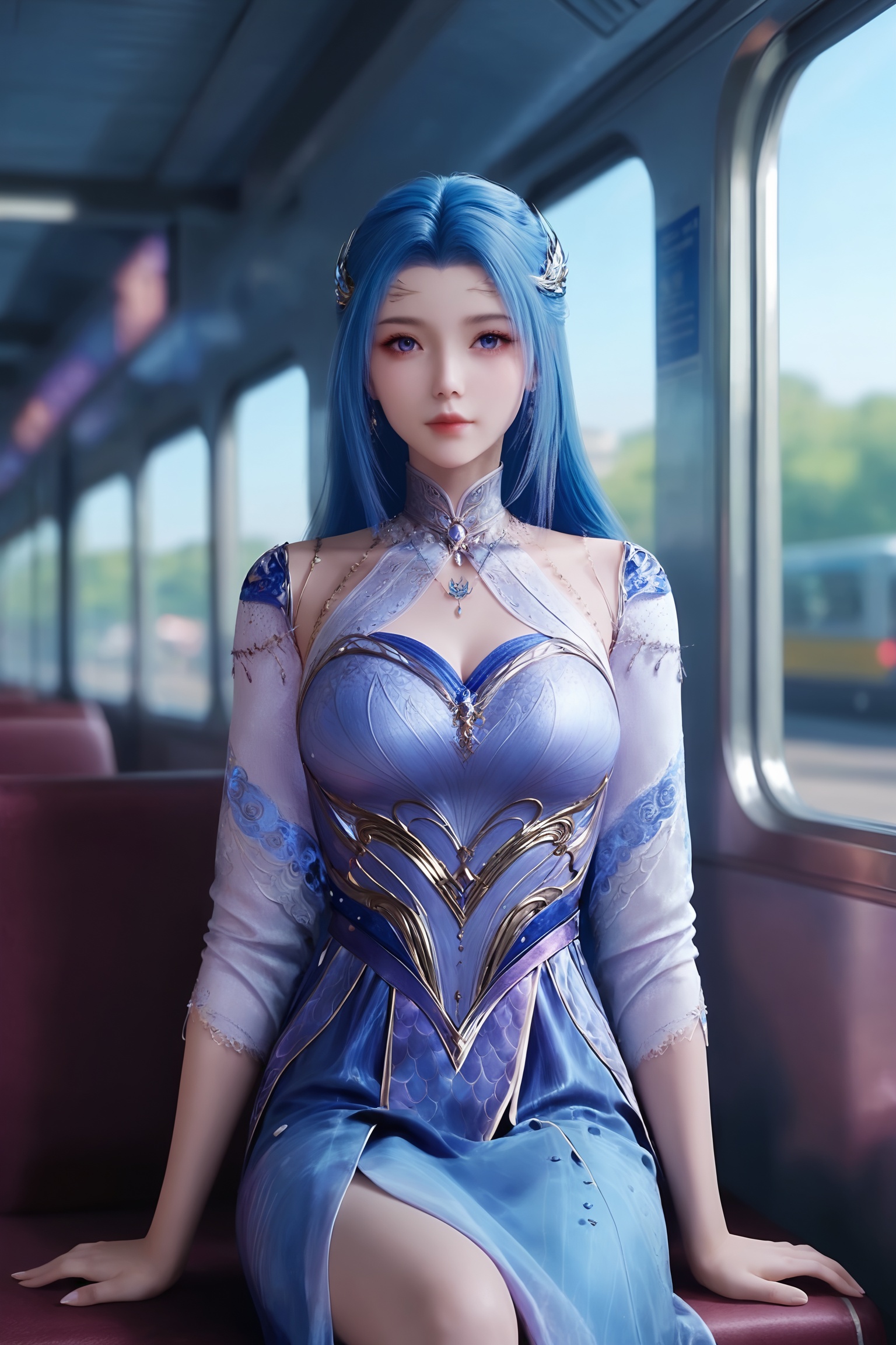 <lora:斗罗大陆2-唐舞桐pony:0.7>,1girl,long,flowing blue hair,sparkling silver accessories,form-fitting,elegant gown in a light,ethereal blue,with intricate,flowing patterns,high collar,long sleeves,flowing skirt,, solo,1girl,solo focus,(perfect_anatomy:1.1),(upper_body:1.2),(portrait:1.1),sitting,(train_interior:1.1),(blurry_background:1.2),looking at viewer,