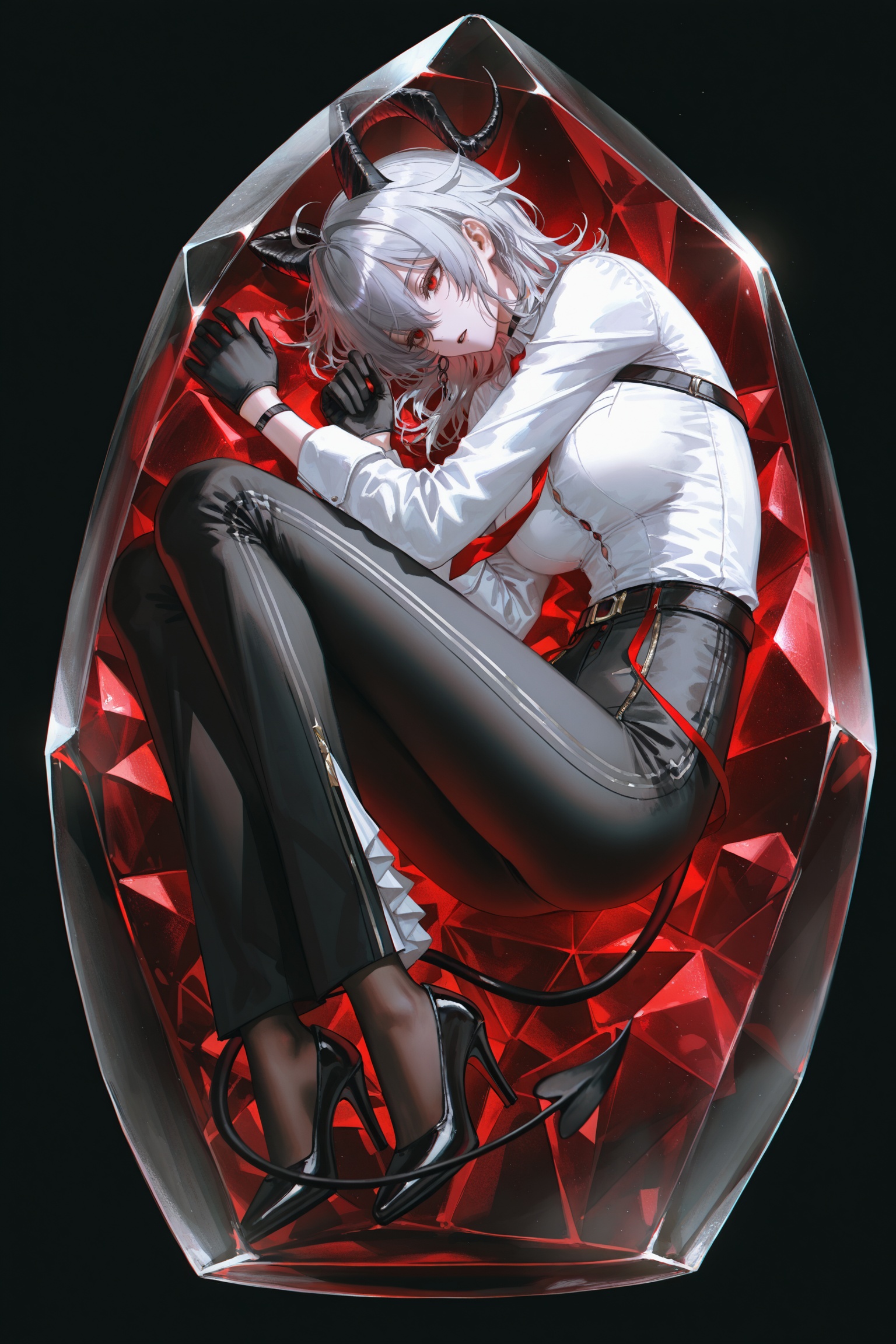 artist:nixeu,artist:john kafka,artist:wanke,artist:fuzichoco,artist:quasarcake,lonesomnia,original,highres,<lora:jijia-gnoobv-Tanger-000010:0.25>,jijia,2d,anime,1girl,1girl,black_background,closed_eyes,fetal_position,frutiger_aero,shadow,solo,transparent trapped,full_body,(trapped in crystal:1.2),large crystal,perfect package,completely covered body with Crystal,<lora:zani-noob-Tanger:0.8>,zani \(wuthering waves\),clothes: zani  def clothes,1girl,black gloves,red eyes,black footwear,horns,demon tail,pants,red necktie,white shirt,high heels,breasts,grey hair,no jacket,long sleeves,belt,
