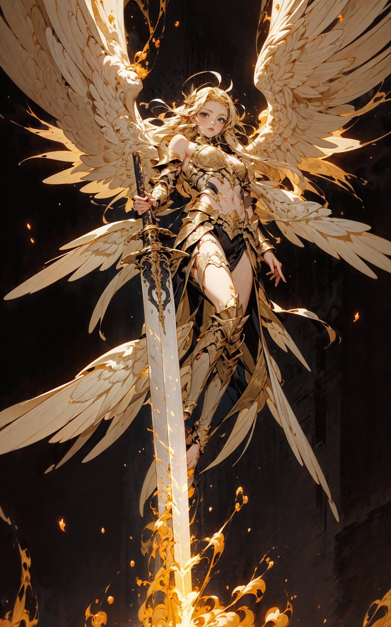 angel,  Super powerful flame angel flies out of the clouds,  behind him is golden meteor magic surrounding his body on Ten...