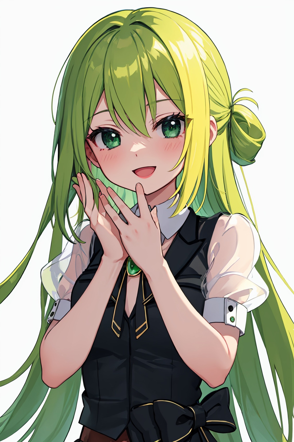 masterpiece,best quality, highly detailed, 1girl,alina gray,black necktie,black vest,blunt ends,brooch,cross tie,detached collar,green gemstone,lapels,puffy short sleeves,see-through sleeves,sleeve cuffs,solo,v-neck,white collar,white sleeves,open mouth,smile,blush,chain,<lora:alina_gray:1>