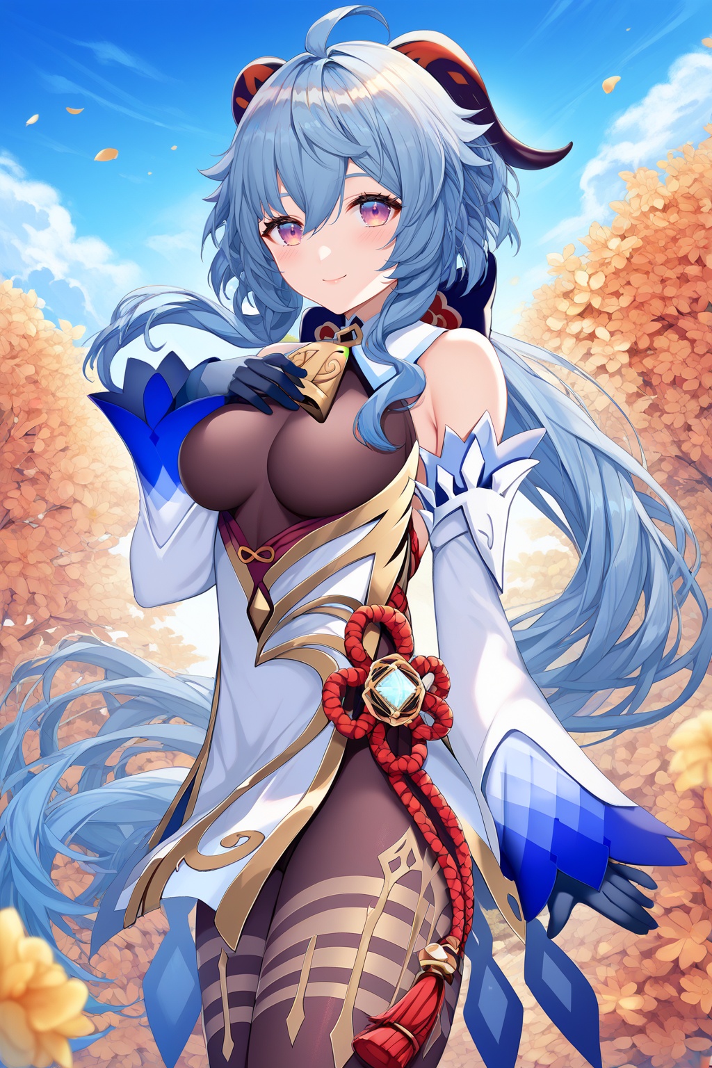 score_9,score_8_up,score_7_up,score_6_up,source_anime,source_cartoon,<lora:ganyuTuPONYXL-000008:1>,ganyu \(frostdew trail\), ganyu \(genshin impact\), 1girl, solo, breasts, horns, long hair, blue hair, white sleeves, neck bell, black gloves, smile, looking at viewer, bare shoulders, outdoors, medium breasts, hand on own chest, vision \(genshin impact\), sky, chinese knot, day, gold trim, sidelocks, flower knot, blue sky, purple eyes, cloud, black bodystocking, cowboy shot, standing, very long hair, black pantyhose, blush, tassel, low ponytail, black bodysuit, backless outfit
