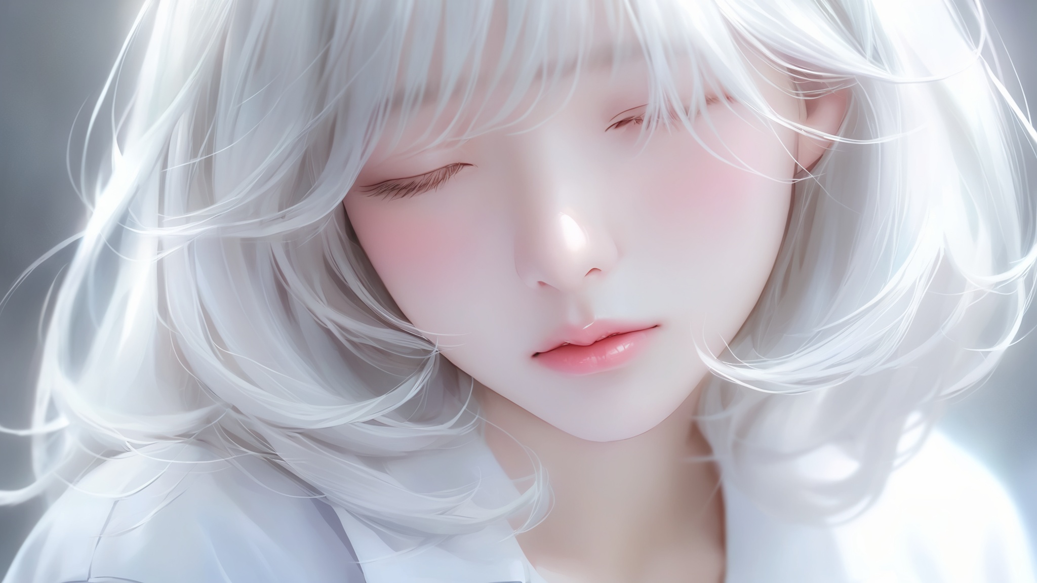 1girl, lips, realistic, solo,Silver white hair, white shirt, slightly rosy face,open your eyes