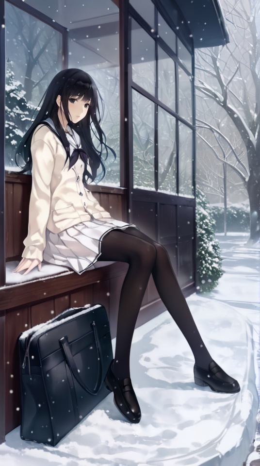 (best quality), ((masterpiece)), (highres), illustration, original, extremely detailed,   <lora:黑暗物语葬の花:0.7> 1girl, solo, black hair, pantyhose, long hair, school uniform, snow, sitting, black pantyhose, serafuku, bag, black eyes, skirt, tree, school bag, cardigan, snowing, shoes