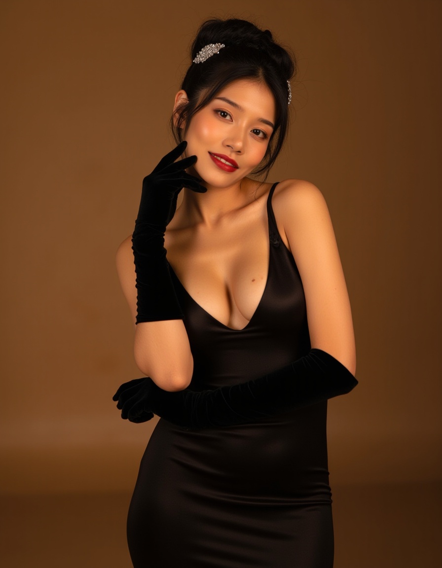 This is a photograph of an Asian woman posing in a sultry,elegant manner. She is standing against a soft,warm background that is likely a gradient of brown and beige tones. Her skin is fair and smooth,with a slight golden hue. Her dark brown hair is styled in an intricate updo,adorned with a sparkling hair accessory that adds a touch of glamour.,She is wearing a form-fitting,black dress with a deep V-neckline that exposes her shoulders and upper back. The dress is made of a luxurious,satin-like fabric that drapes elegantly over her slender frame. She is accessorized with long,black velvet gloves that extend past her elbows,adding a touch of vintage sophistication.,Her makeup is striking,with bold red lipstick and subtle eyeshadow that enhances her large,expressive eyes. She is gazing directly into the camera with a seductive expression,her lips slightly parted and her right gloved hand gently touching her cheek.,In the foreground,there is a soft,warm light source that casts a gentle glow,highlighting her features and creating a warm,intimate atmosphere. The overall mood of the photograph is elegant and sensual,with a vintage-inspired aesthetic.,