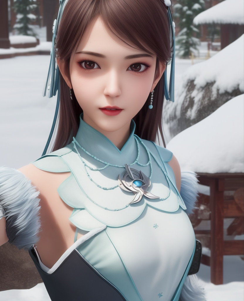 <lora:596-DA-炼气十万年-凌青姝:0.8>(,1girl, ,best quality, ),looking at viewer,masterpiece, (( , )),, realistic,science fiction,mole, ultra realistic 8k cg, ,outdoors, snow, snowing,