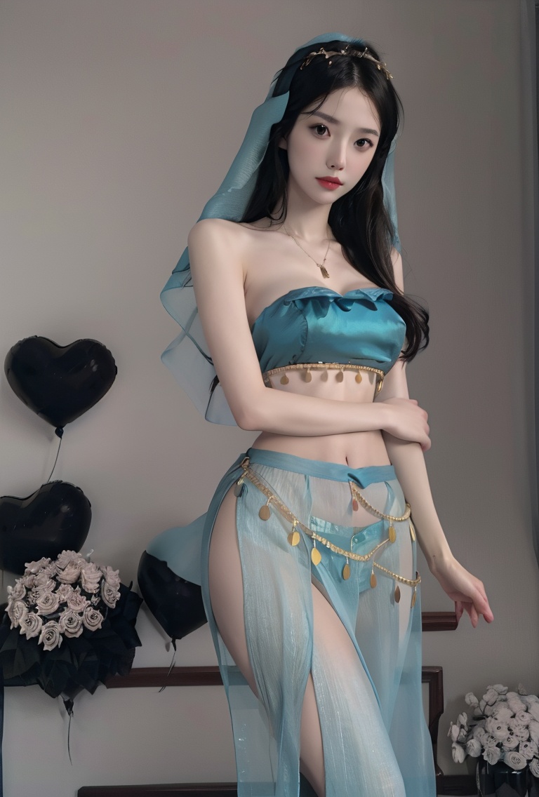 (masterpiece, best quality:1.4),finely detailed,1girl,solo,pale skin,perfect body,standing,(medium breasts:1.3),<lora:killer性感西域舞姬透视古风制服v1.0-000008:0.8>,dress,harem outfit,see-through,underwear,veil,(cowboy_shot:1.2),