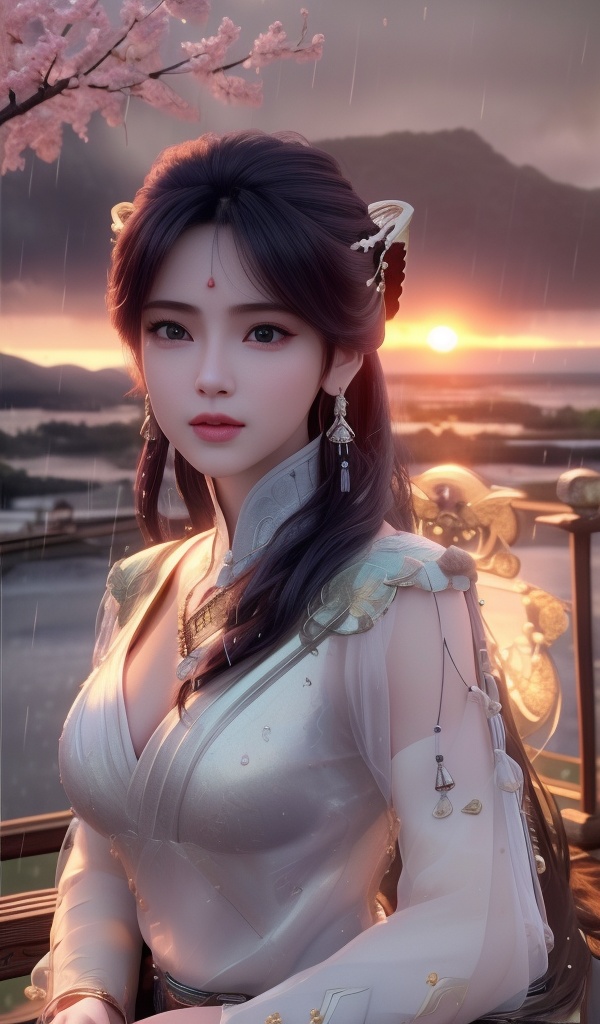 <lora:754-DA-眷思量-须灵犀-V2:0.8>, (,1girl, ,best quality, ),looking at viewer,  ,,ultra detailed 8k cg, ultra detailed background ,ultra realistic 8k cg,          cinematic lighting, cinematic bloom, (( , )),,  , unreal, science fiction,  luxury, jewelry, diamond, pearl, gem, sapphire, ruby, emerald, intricate detail, delicate pattern, charming, alluring, seductive, erotic, enchanting, hair ornament, necklace, earrings, bracelet, armlet,halo,masterpiece, (( , )),, realistic,science fiction,mole,   ,cherry blossoms,,(((Best quality, masterpiece, ultra high res, (photorealistic:1.4), raw photo, 1girl, ,rain, , sunlight, sunset, qianqiu wanxia,     )))  (cleavage),,  (),