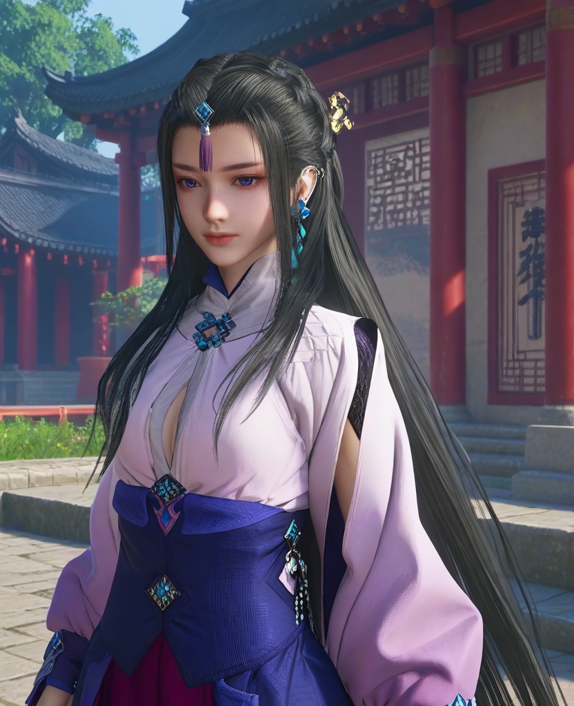 (oriental architecture, elegant decor, sophisticated style:1.1),(hands on the ground:1.1),(breasts:1.2),<lora:XL16古剑奇谭三云无月:0.95>,miss yunwuyue,pinkish white tunic,blue peplum overskirt,red violet petticoat,blue violet eyes,forehead pendan,black hair,very long hair,cornrows with long front strands,hair ornament,single earring,wristband,, score_9,score_8_up,score_7_up,score_6_up,score_5_up,score_4_up,3d rendering,tag1,tag2, Cinematic Lighting,backlighting,