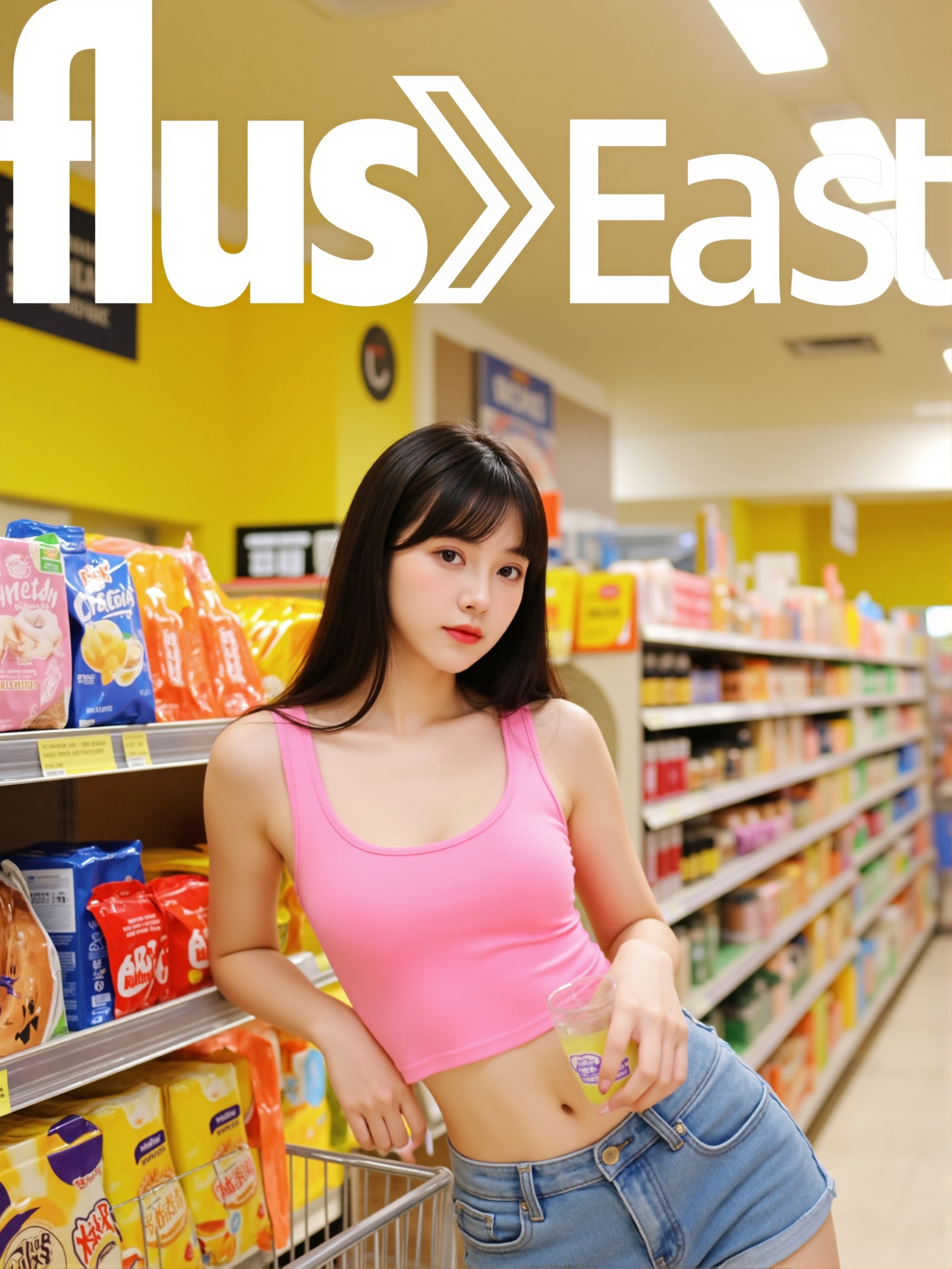 This is a clear,modern image with a stylish aesthetic. In the picture,there is a young woman wearing a pink **** top and denim shorts,holding a drink in one hand and resting her other hand on her hip,displaying a confident stance. Her eyes are looking at the camera,and her expression is natural. She has a slim figure and fair skin. Her hair is black and falls over her shoulders. The pink **** top she is wearing is simple and generous,while the denim shorts are fashionable and casual. The background features a supermarket with shelves stocked with various goods,including snacks and drinks. The supermarket walls are yellow,adorned with advertisements and signage. Overall,the image gives a sense of everyday life and reality.,There is a prominent artistic font above the picture,which reads' fluxEast 'in English,