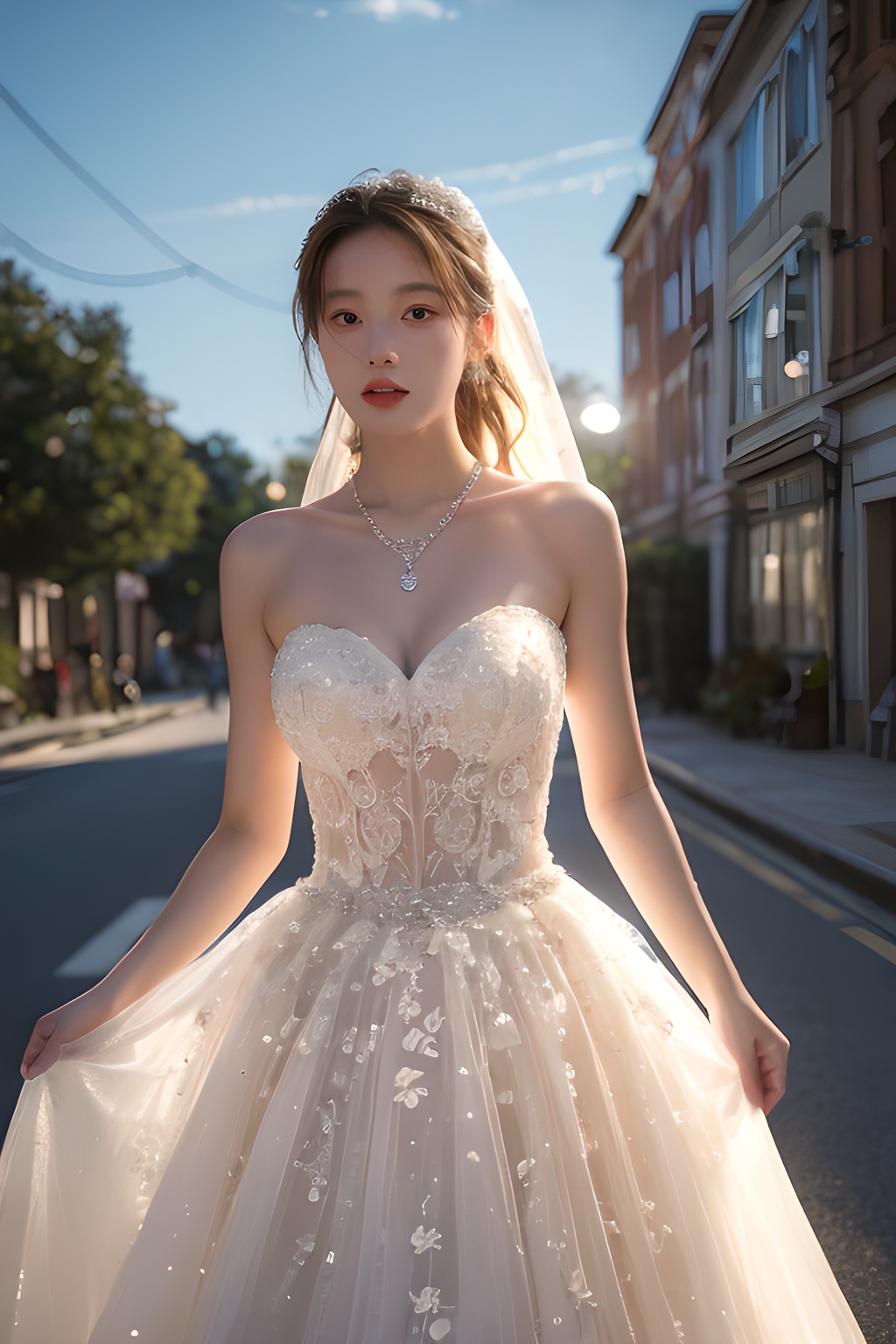(masterpiece:1.3),(best quality:1.3),(photorealistic:1.4),see-through,midriff,pantyhose,(large breasts:1.2),yaosi,(street:1.4),(ultra detailed:1.3),unity 8k wallpaper,realistic,1girl,beautiful,smile,Big eyes more details,hair in the back of the head,a pearl necklace around the neck,(wedding dress:1.4),bright color,standing on the lawn,blue sky,floret,white clouds,soft light,early summer at seven in the morning,Jewelry,necklace,(8k, RAW photo, best quality, masterpiece:1.2),(realistic, photo-realistic),professional lighting,photon mapping,radiosity,Extreme Light and Shadow,  <lora:YG梦中婚纱6:0.75>,