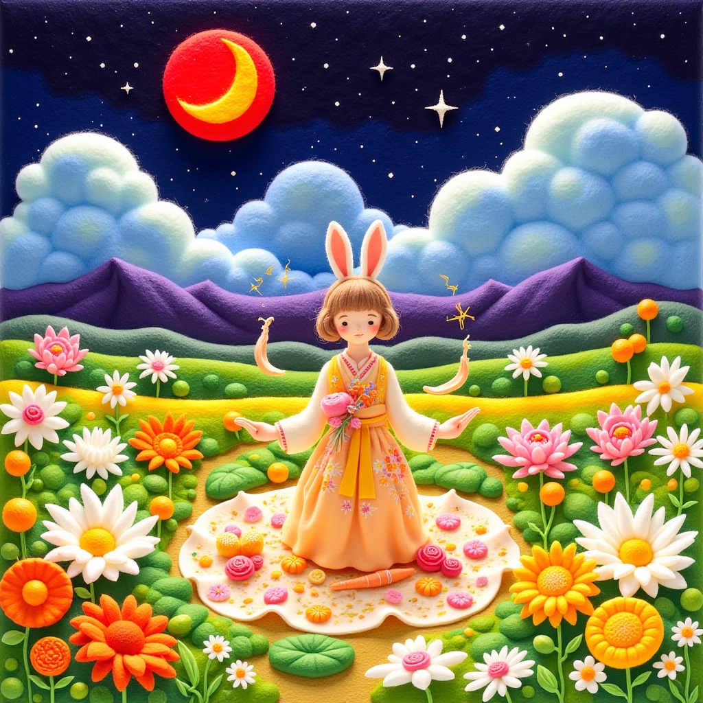 Texture of yarn,1girl,bunny,camellia,carrot,cherry blossoms,cloud,crescent moon,daisy,dandelion,earth \(planet\),egasumi,field,flower,flower field,food,full moon,hair flower,hibiscus,holding flower,honey,lily \(flower\),lily pad,lotus,mandarin orange,moon,moonlight,mountain,night,night sky,orange \(fruit\),orange flower,pancake,paper lantern,petals,pink flower,planet,plate,red flower,red moon,round window,sky,solo,star \(sky\),sun,sunflower,tulip,vase,white flower,yellow flower,yellow rose,