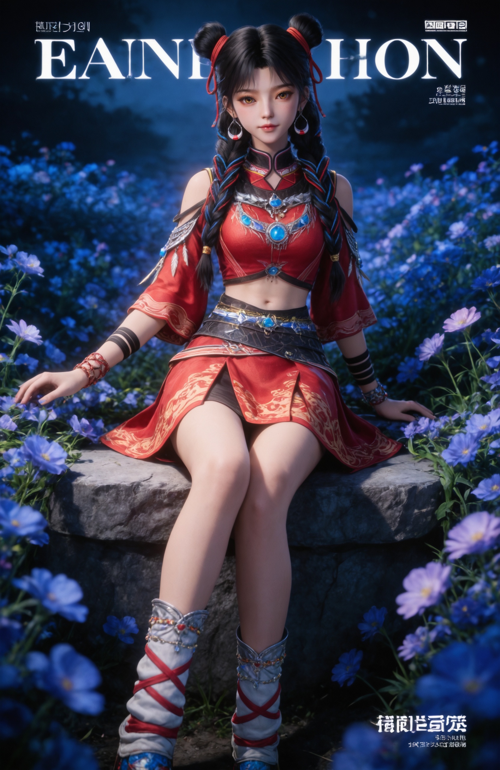 <lora:择天记-白落衡Pony:0.8> 1girl, long hair, black hair, ribbon, jewelry, earrings,hair ribbon, crop top, shirt,  midriff, necklace, bracelet, twin braids, double bun, red skirt, red dress,  shoulder cutout, white socks,shoes,, realistic style,white background,upper body,looking at viewer,dynamic posture,, score_9,score_8_up,score_7_up,source_anime,night,dark environment,Blend swirling,whirlpool-like patterns of intense and contrasting colors,with spiraling motions and chaotic color interactions,highly detailed,ultra-high resolution,32K UHD,sharp focus,best-quality,masterpiece,Emotionalization,golden hour,unconventional supreme masterpiece,masterful details,temperate atmosphere,with a high-end texture,in the style of fashion photography,magazine cover,Dynamic Angle,Dynamic posture,