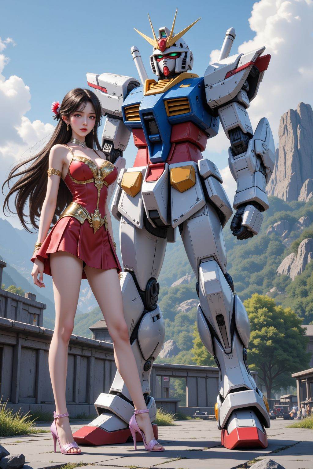 1girl, long hair, magic girl, solo, gundam mecha, gundam helmet, outdoor,
