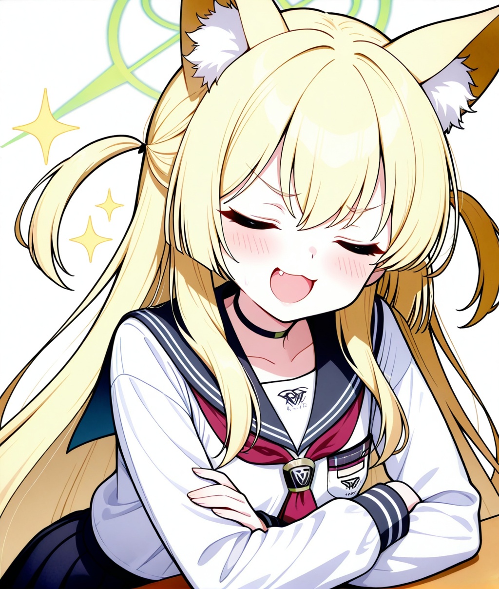 Kurumi(blue archive),1girl, animal ears, school uniform, blonde hair, halo, closed eyes, solo, long hair, simple background, white background, fang, crossed arms, serafuku, smug, open mouth, blush, choker, sparkle, smile, long sleeves, neckerchief, fox ears, red neckerchief, sailor collar, skirt, animal ear fluff,UHD,anatomically correct,textured skin,ccurate,super detail,high details,best quality,award winning,high quality,retina,HD,16k,8k,