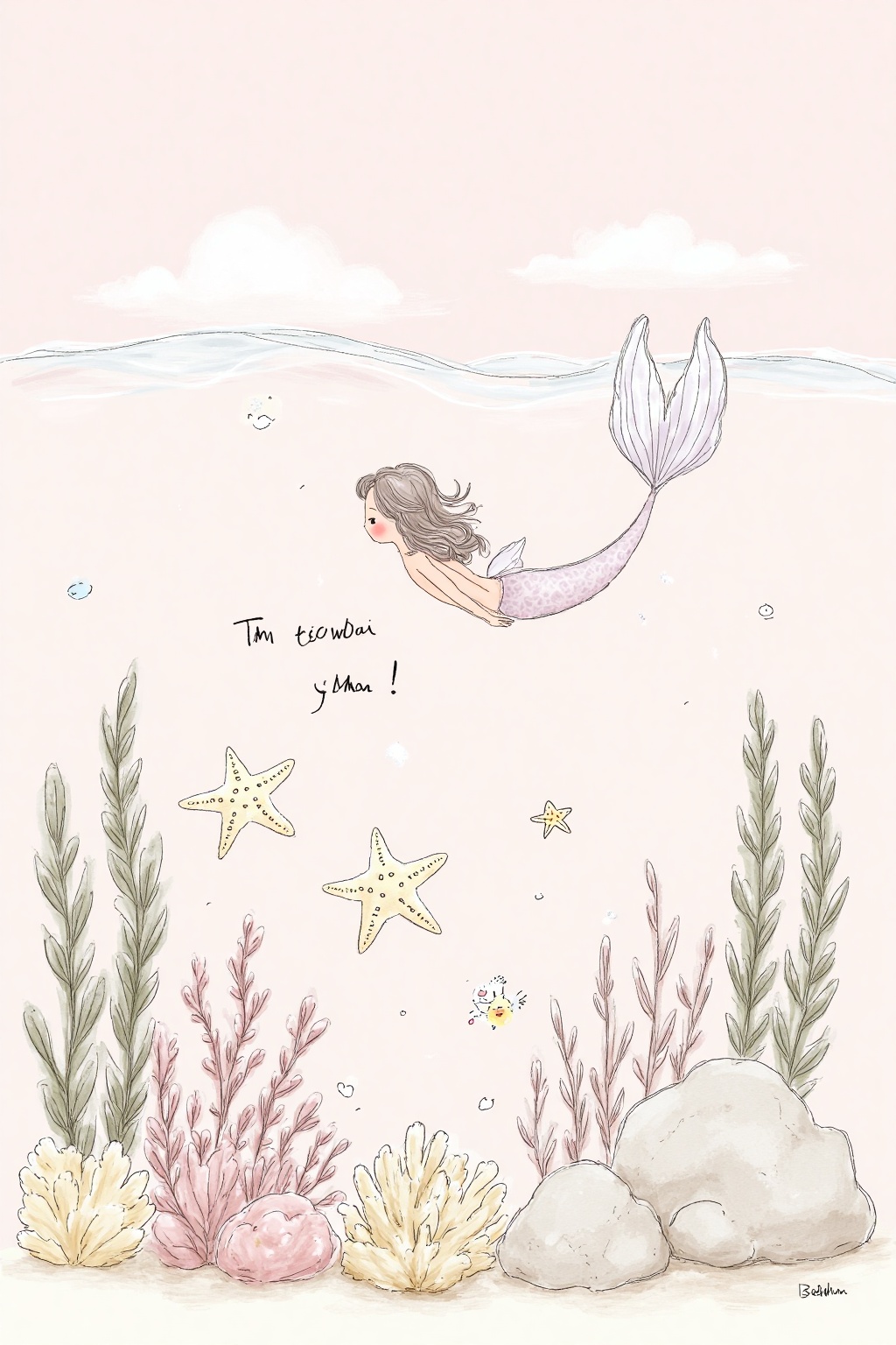 beijihui,A medium-sized sketch of a mermaid in the ocean is drawn on a light pink background. The mermaid's tail is drawn in the shape of a tail, with her hair cascading down to her back. Her tail is long and curved, and she is floating in the air. Below the mermaid, there is a text written in black ink that reads "Mano" in a smaller font. Below that, there are three starfish, and two smaller starfish. To the left of the starfish is a coral reef, and to the right of the coral reef is a large rock. The background is light pink, with a few wispy clouds in the distance.