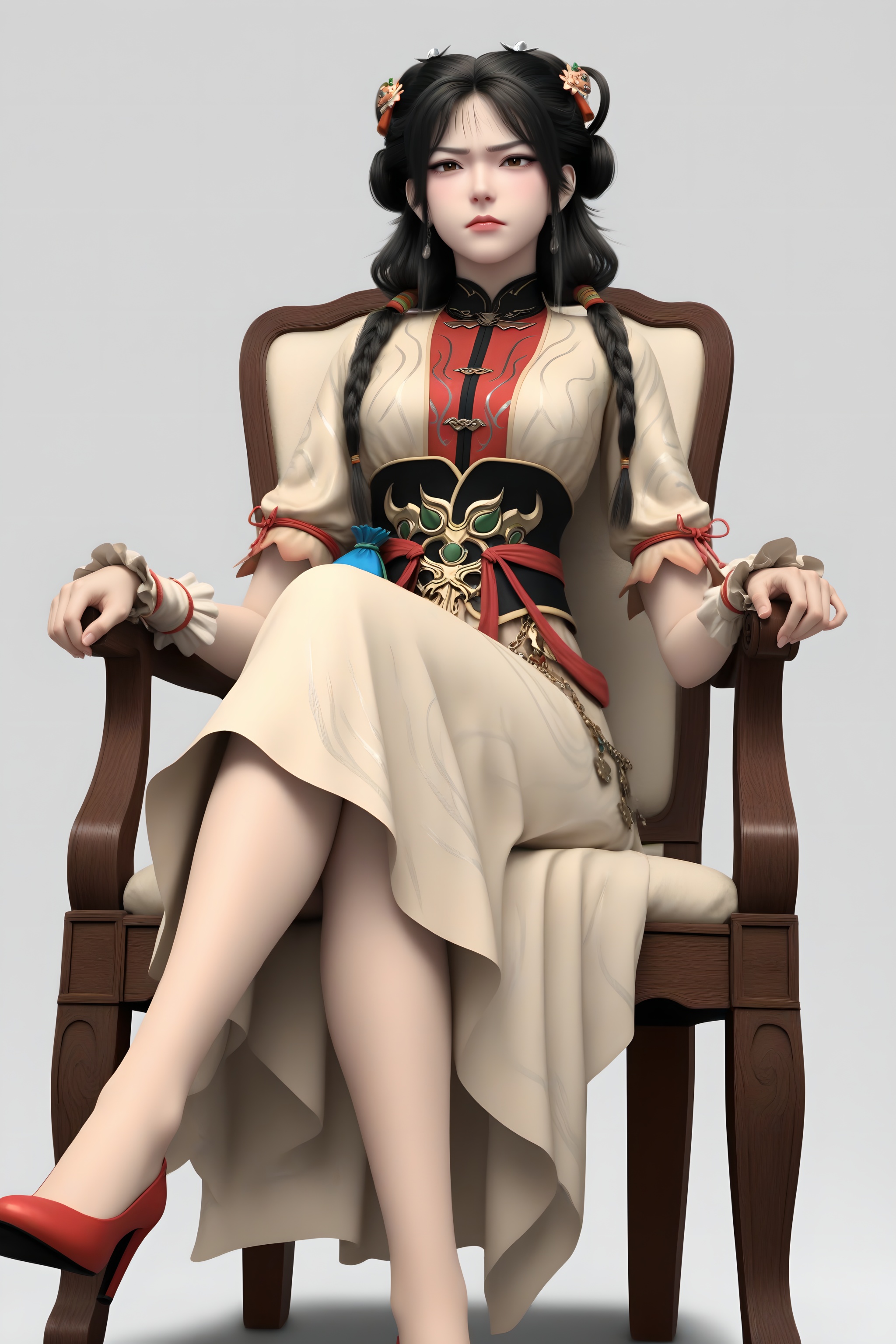 masterpiece,best quality,absurdres,highres,mature female,glamor,(slender:1.1),solo,<lora:金玉环-ill:0.85>,jingyuhuan,multi-tied hair,hair ornament,long hair,black hair,twin braids,braided hair rings,earrings,brown eyes,brown_pupils,disgust,jitome,BREAKhigh collar,puffy short sleeves,waist belt,waist sash,ornate belt,high-waist skirt,long skirt,blue pouch,wrist cuffs,gold chain,high heels,sitting,pov,from below,chair,crossed legs,BREAKsimple background,white background,