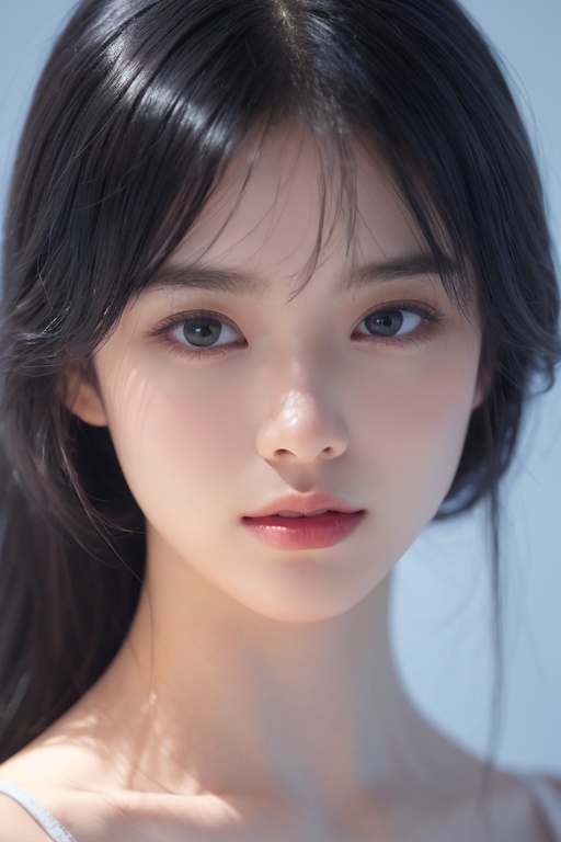 1girl, solo, blue eyes, hair over one eye, smile, looking at viewer, upper body,(holo hair), (close eyes),(purple|blue hair),breasts, lips, bangs, nose, closed mouth, medium breasts, realistic, simple background,(realistic:1.5),masterpiece, Extremely detailed CG unity 8k wallpaper, best quality, highres:1.2),(ultra_detailed, UHD:1.2),(pixiv:1.3),perfect illumination,distinct,unreal engine,sidelighting,perfect face,detailed face,beautiful eyes,pretty face,(bright skin:1.3),idol,ulzzang-6500-v1.1,soft smile,(simple background),(depth of field),(ringed eyes:1.4), (holo,holographic hair,holographic body),water, holo water, <lora:holo_20230701001227:0.3>