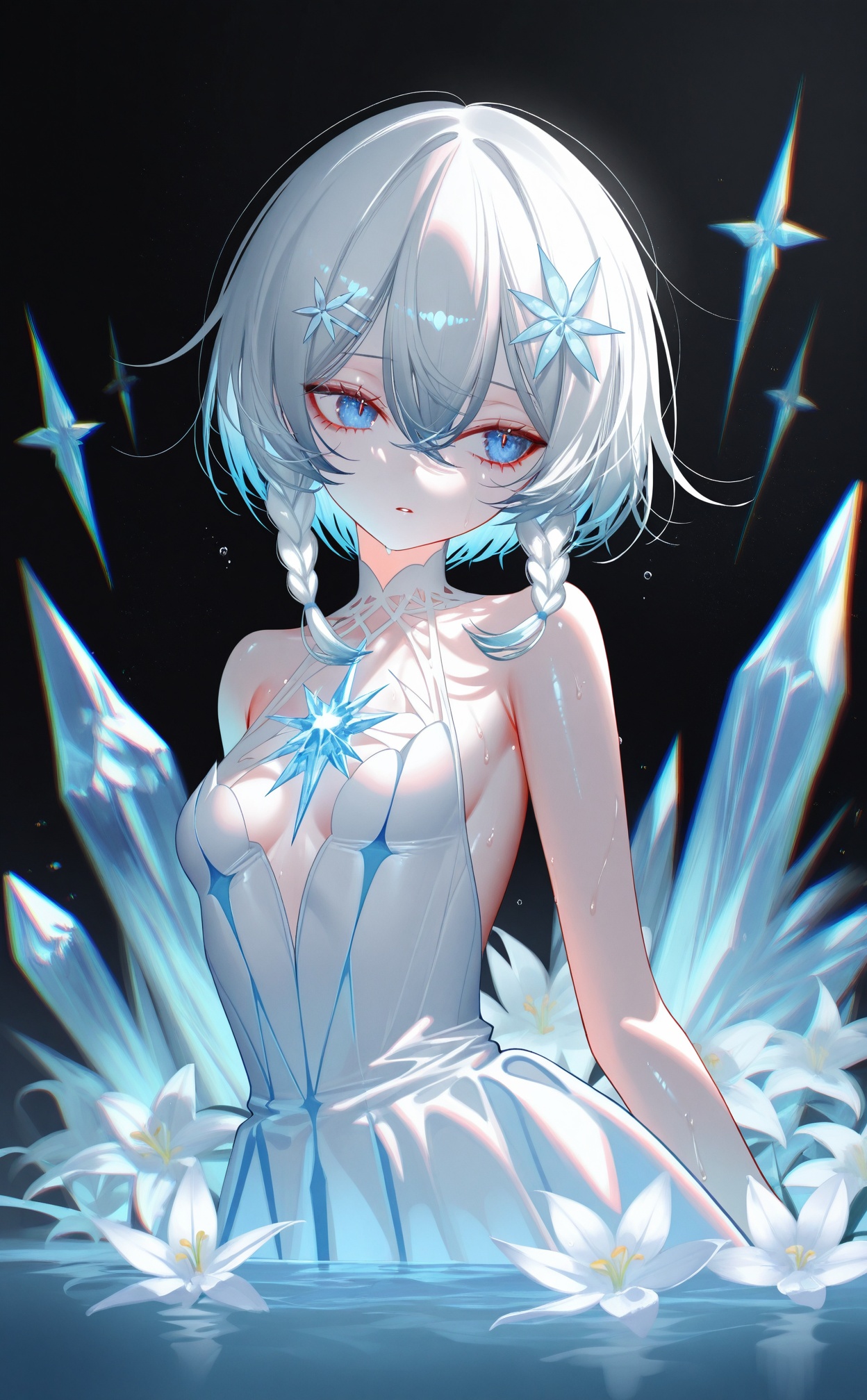 masterpiece,absurdres,best quality,((petite)),loli,high quality,chromatic_aberration,shiny_skin,//,1 girl,loli,White Dress,White short hair,braids,lily flower hair clip,upper body,cry,water,black background,Ice crystal,dappled sunlight,Suspended colorless crystal,beautiful detailed glow,(detailed ice),beautiful detailed water,//,[pottsness],[iumu],[Sheya],mmd,