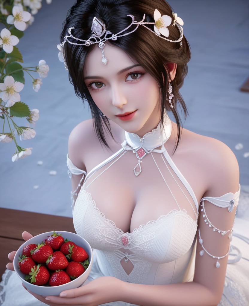 <lora:613-DA-XL-神印王座-白玥:0.8>(,1girl, ,best quality, ),looking at viewer,masterpiece, (( , )),ultra realistic 8k cg, ,    ,cleavage,strawberry blossoms,lace , (cleavage), (),