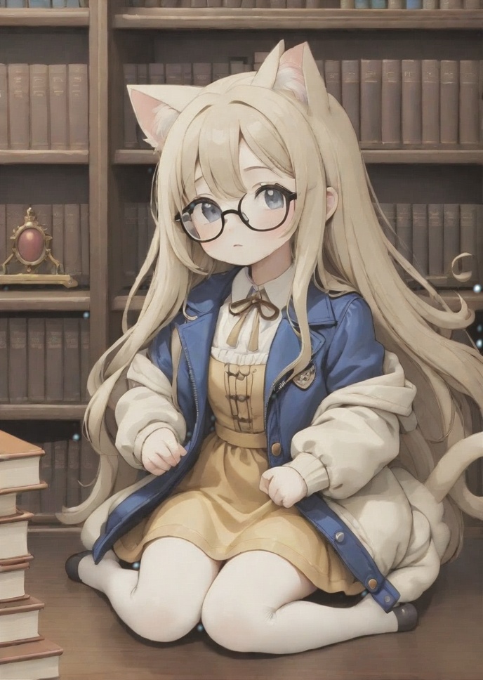 Envision an adorable and playful scene: A cat sits in front of a bookshelf, adorned with glasses and a vintage jacket, resembling an intellectual little princess,Long hair ,long hair