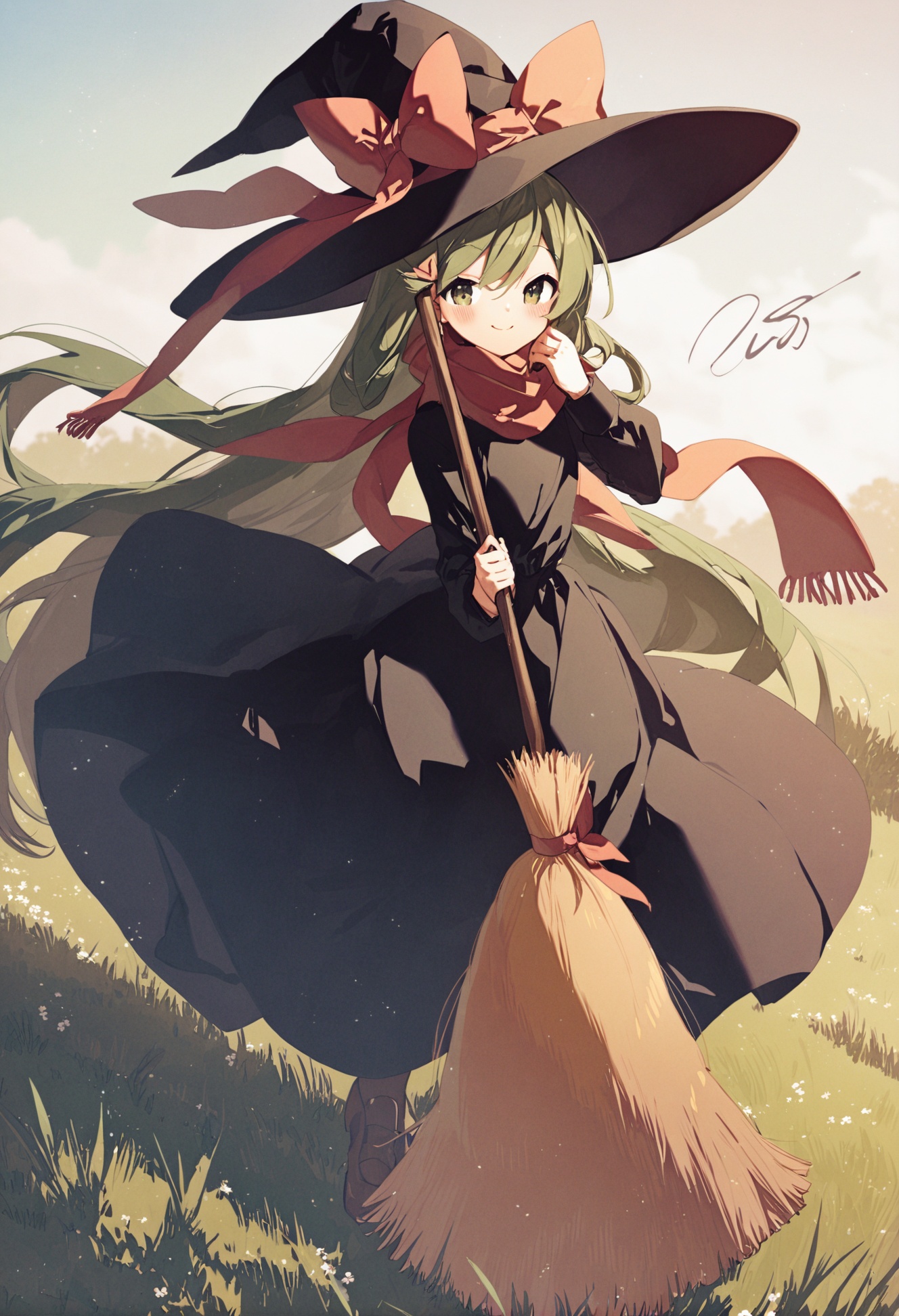 masterpiece, best quality,<lora:sd_xl_dpo_lora_v1-128dim:1>,1girl, holding broom, solo, broom, hat, long hair, grass, green eyes, holding, long sleeves, dress, black dress, very long hair, witch hat, bow, looking at viewer, outdoors, blush, closed mouth, scarf, witch, black headwear, standing, red bow, red scarf, bangs, green hair, hat bow, signature, smile<lora:potgXLlokr4f-000143:1>