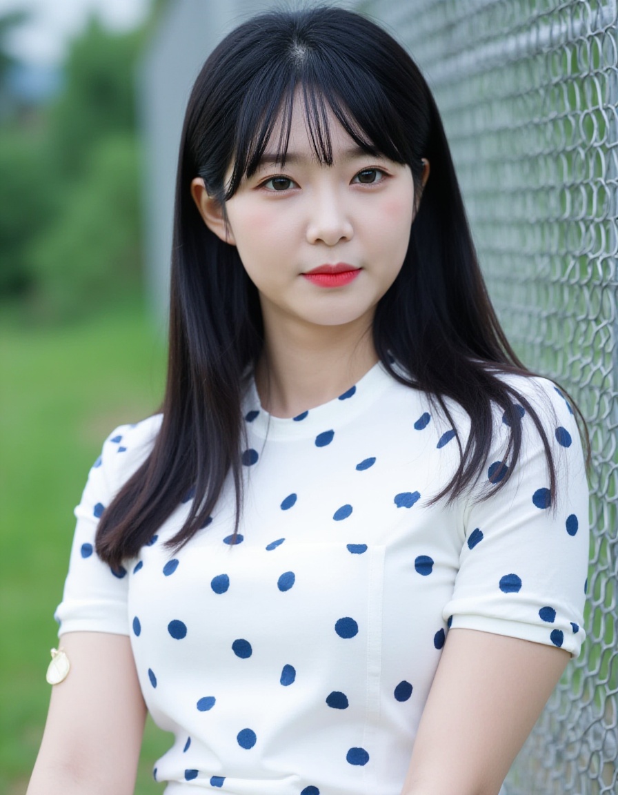 A photograph of a young East Asian woman with straight, long black hair and bangs, wearing a white short-sleeved shirt with blue and dark blue polka dots. She has fair skin, a slim build, and is standing in front of a metal chain-link fence, with greenery visible in the blurred background. Her expression is neutral, and she has a delicate, natural makeup look with red lipstick.