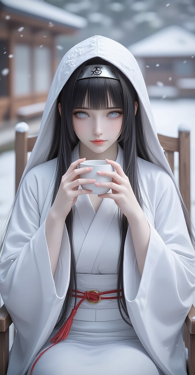 chutian,baoshi,lvjing,long hair,black hair,forehead protector,hyuuga hinata,blunt bangs,white eyes,(no_pupils:1.3),1girl,japanese clothes,solo,uchikake,kimono,sitting,cup,sakazuki,wataboushi,hood,holding,white kimono,looking at viewer,snow,holding cup,chair,hood up,blurry,wide sleeves,long sleeves,snowing,closed mouth,tassel,3,cover,simple background,gradient_background,Close-up details,outstanding style,adding a touch of dimension to your images without compromising details,close-up,