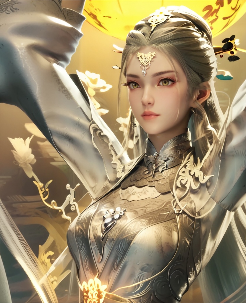 (oriental architecture, elegant decor, sophisticated style:1.1),(showing indifference:1.1),(breasts:1.2),<lora:XL16牧神记神女关白骨神女:1.05>,miss shennv,solo,white gown with floral print,forehead jewelry,white hair,very long hair,traditional chinese updo with long cascading hair,hair ornament,wide flowing sleeves,sash,, score_9,score_8_up,score_7_up,score_6_up,score_5_up,score_4_up,3d rendering,tag1,tag2, Cinematic Lighting,backlighting,