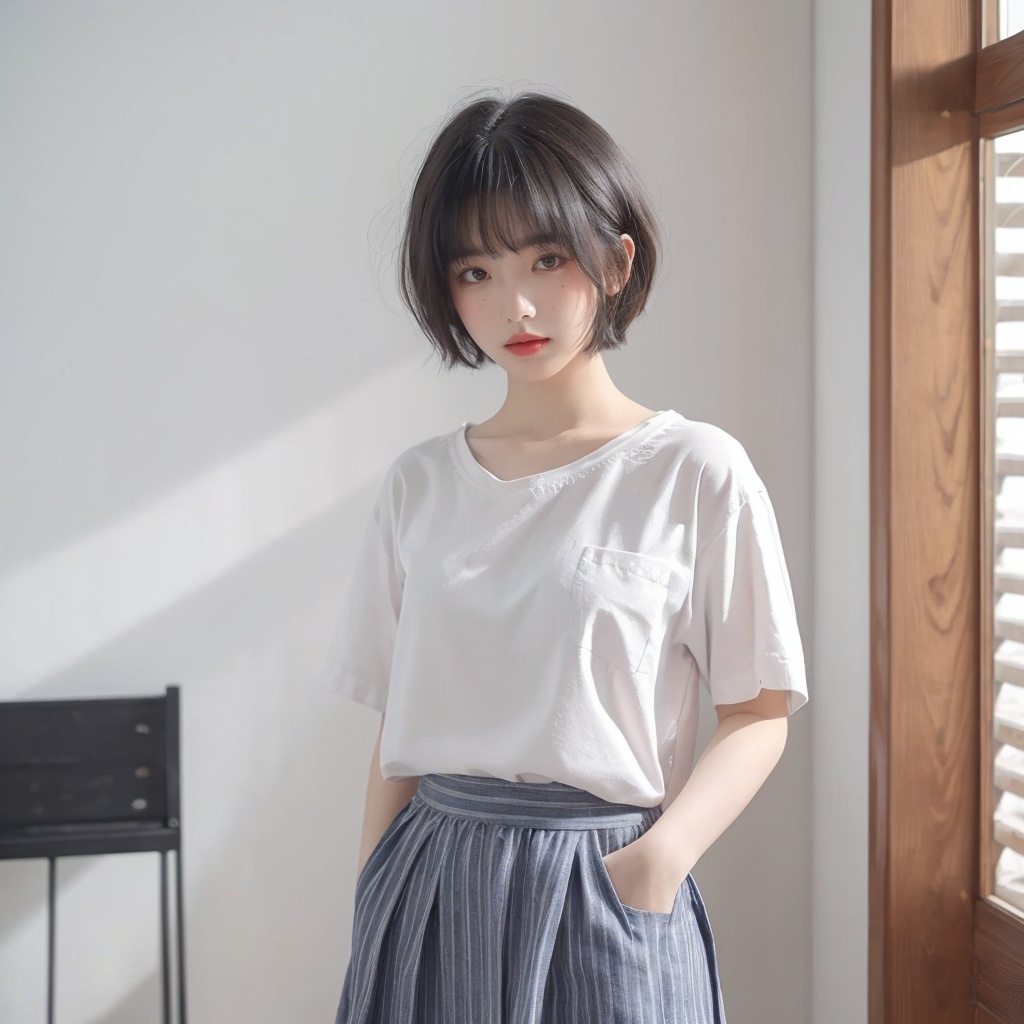 masterpiece, best quality, 32k, insane details, intricate details,,1girl, fashion photography, in style of angura kei，hime - cut, straight hair，in a minimalist Misasakan room，high-wistskirt，cllaredshirt，(short hair:1.4)，striped，blunt bangs，(Mole under eye:1.0),hand in pocket，flower，,<lora:meinv76:0.6>