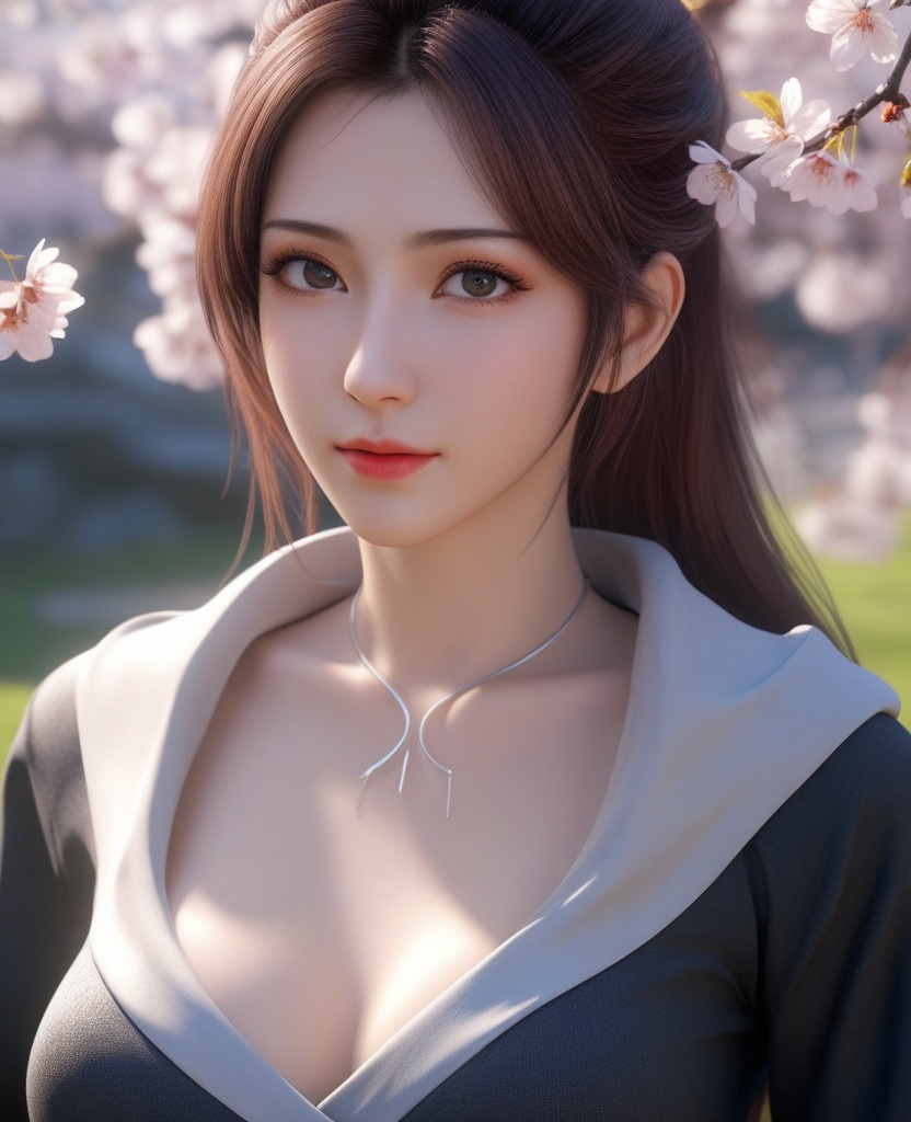 <lora:577-DA-XL-斗破苍穹-云韵-黑服:0.8>(,1girl, ,best quality, ),looking at viewer,  ultra detailed background,ultra realistic 8k cg,ultra detailed 8k cg,masterpiece,upper body,  (( , )),, ,science fiction,mole, ultra realistic 8k cg, ,    ,outdoors, sun,sunlight, cherry blossoms,      (cleavage), (),