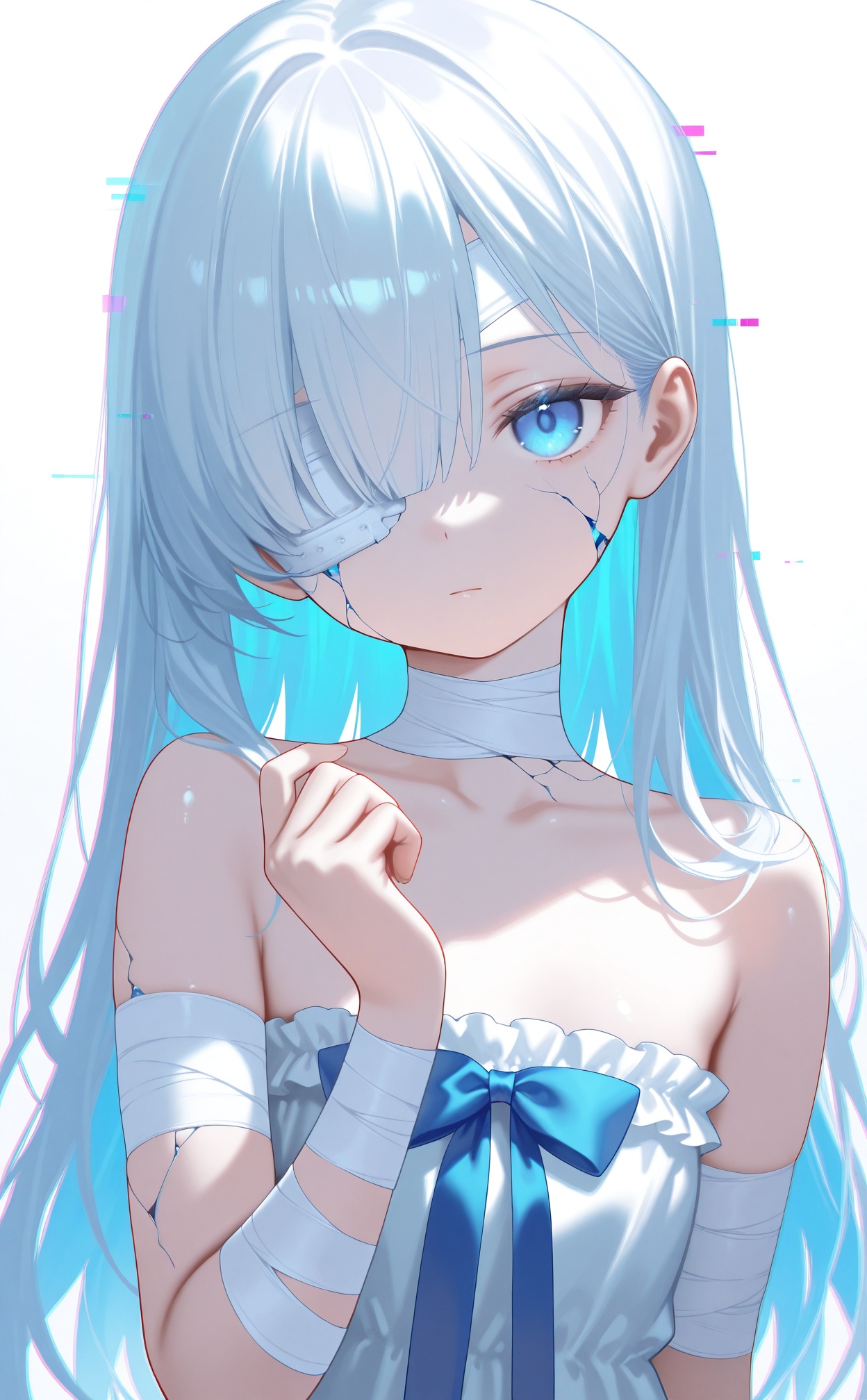 masterpiece,absurdres,best quality,((petite)),loli,high quality,chromatic_aberration,shiny_skin,//,white_background,1girl,solo,bandages,bandaged arm,long hair,glitch,blue eyes,looking at viewer,dress,colored inner hair,collarbone,closed mouth,white hair,blue theme,frilled dress,cracked skin,white background,bow,frills,upper body,white dress,head tilt,hand up,multicolored hair,blue hair,expressionless,crack,simple background,one eye covered,bare shoulders,blue bow,straight hair,hair behind ear,straight-on,strapless dress,