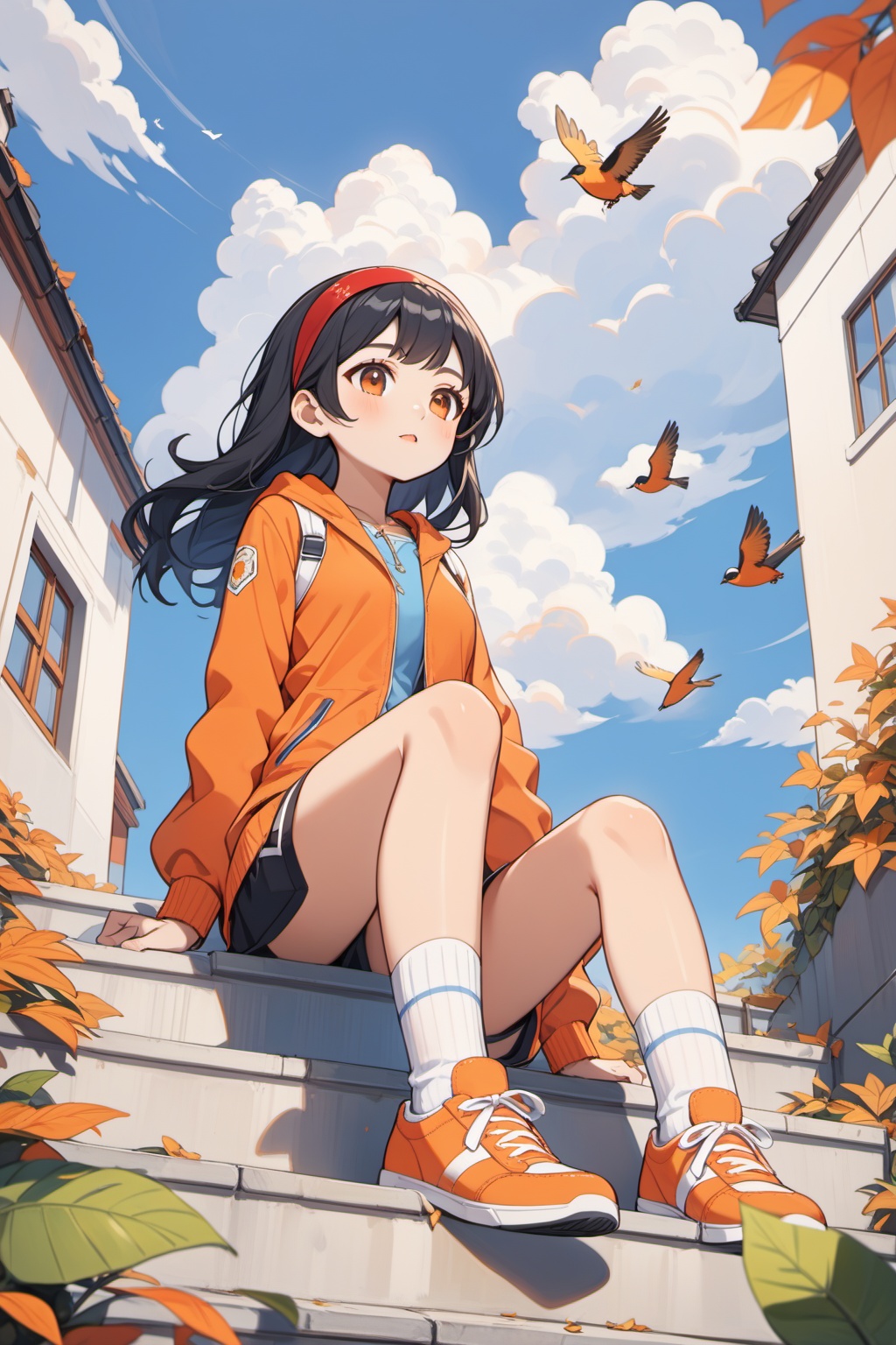 1girl,orange shoes,solo,sitting,sky,clouds,outdoors,black hair,bird,upward view,blue sky,white socks,daytime,orange jacket,building,long sleeves,leaves,long hair,stairs,red headband,pump Rope,headband,bangs,cloudy sky,from_below,, masterpiece,best quality,very aesthetic,absurdres,