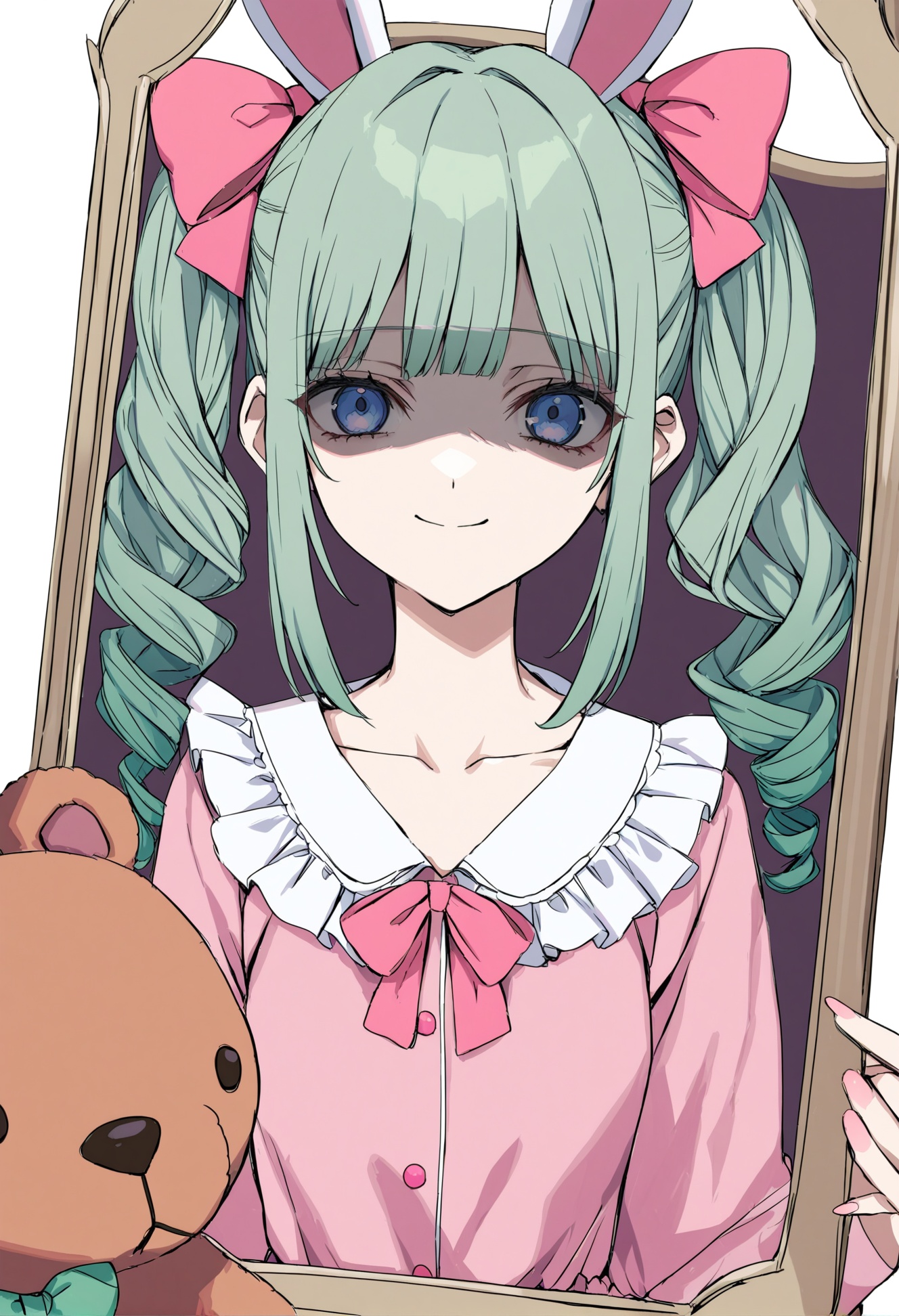 masterpiece, best quality,1girl,   solo, blue eyes, green hair, drill hair, animal ears, smile, rabbit ears, hair bow, looking at viewer, pink bow, frills, long hair, bangs, closed mouth, close-up, simple background, stuffed toy, shaded face, green bow, teddy bear, stuffed animal, bow, punch-out mirror, pink dress, dress, blush, twintails, collarbone, dress bow, frilled dress, upper body, pajamas <lora:hakuhiruoeoeXLlokr-000056:1>