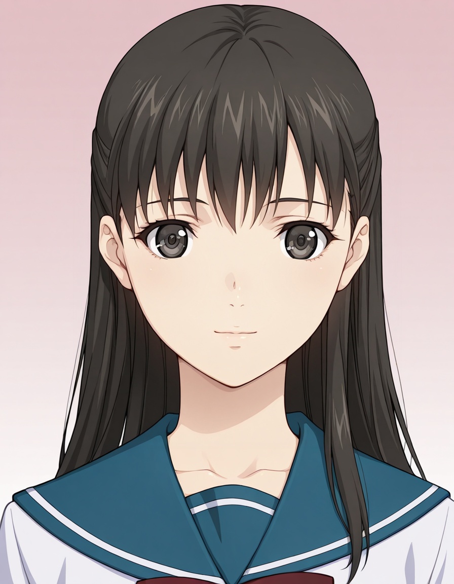 masterpiece, best quality, amazing quality, gradient background,1girl, looking at viewer, solo, upper body, portrait, straight-on, close-up, light smile,<lora:mio_fujieda-requiem_for_the_phantom_s1-ixl-anime-soralz:1>, mio fujieda (requiem for the phantom), long hair, half updo, black hair, black eyes, single sidelock, hair behind ear,school uniform, serafuku, blue sailor collar, red bowtie, double-breasted