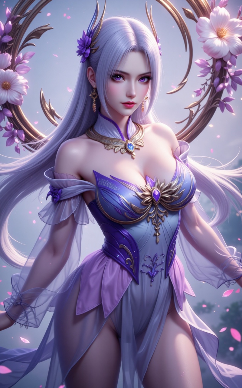 xiaoyixian,lvjing,white hair,long hair,purple eyes,jewelry,hair_ornament,1girl,solo,long hair,hair ornament,white hair,jewelry,breasts,dress,bare shoulders,leotard,see-through,pantyhose,earrings,flower,looking at viewer,petals,4,cover,simple background,gradient_background,Close-up details,outstanding style,adding a touch of dimension to your images without compromising details,close-up,
