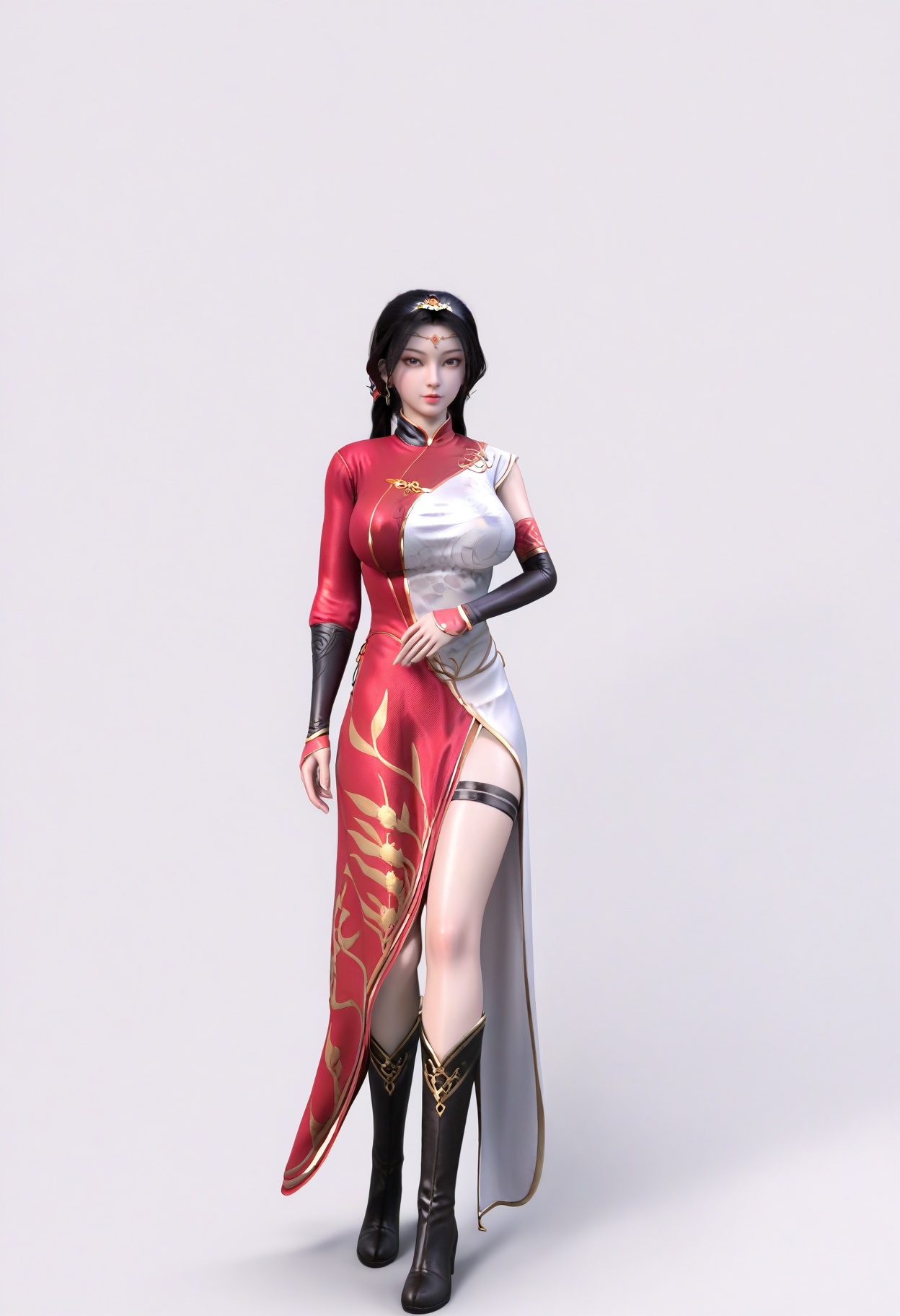 score_9,<lora:SF_HaoTianShiYue_Pony_Realism2.3-000004:0.7>,hair ornament,black hair,dress,asymmetrical sleeves,1girl,breasts,large breasts,china dress,red dress,white dress,solo,looking at viewer,white background,simple background,full body,black boots,