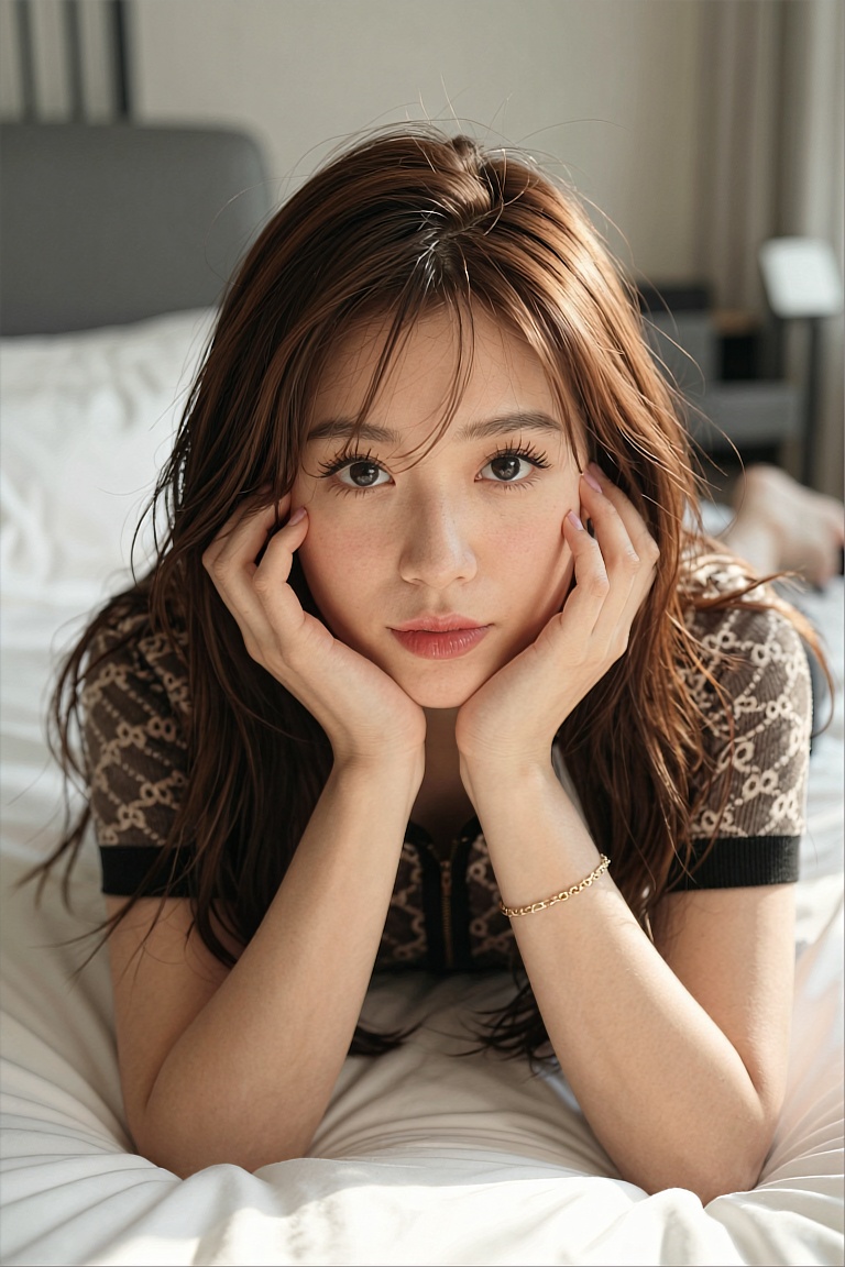 Soft studio portrait in natural light diffusion,  shallow depth of field,  cinematic realism. A young East Asian woman lie...