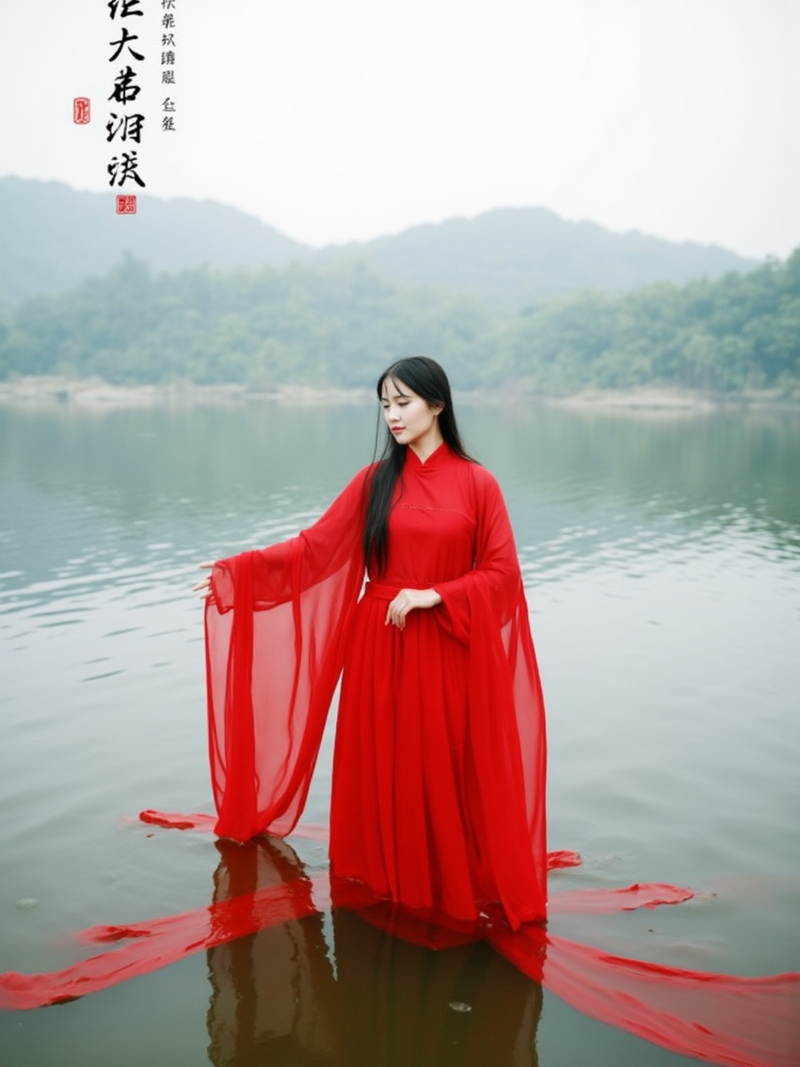 This is a photograph of a young woman standing in a serene lake, taken in a misty, early morning. She is dressed in a vibrant red, flowing, traditional Chinese qipao gown with long, sheer sleeves and a high collar, exuding a sense of elegance and grace. Her long, straight, dark hair cascades down her back, blending seamlessly with the fabric of her dress. The gown is made of a lightweight, translucent material that billows gently in the water, creating an ethereal, almost dreamlike effect. The water around her is calm and reflective, mirroring the misty landscape and the distant hills covered in lush green foliage. In the background, the hills fade into the horizon, creating a soft gradient of misty greys and greens. The overall mood of the image is tranquil and mystical, with the woman appearing to be at one with nature. The photograph is framed by a Chinese text in elegant calligraphy on the left side, adding a cultural and historical context to the scene. The photograph is taken with a high-quality camera, emphasizing the natural textures of the fabric and the water, and the subtle, soft lighting enhances the ethereal quality of the image.