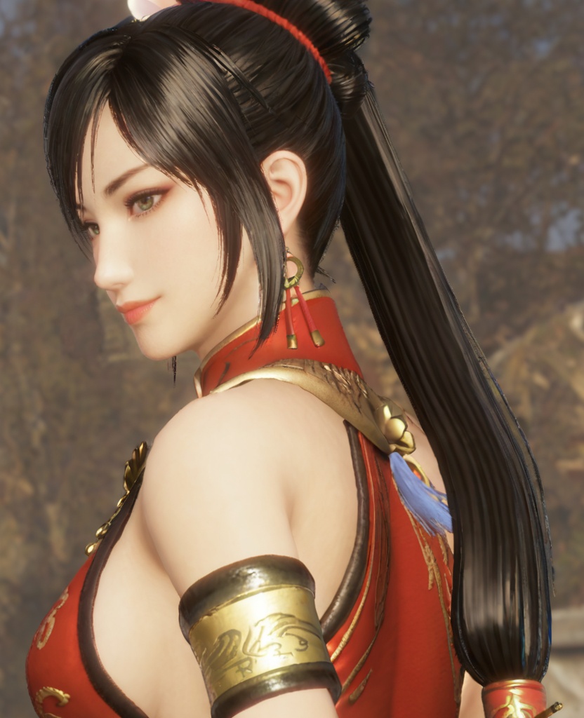 1girl, solo, armlet, breasts, long hair, black hair, sideboob, ponytail, upper body, bare shoulders, jewelry, hair ornament, dress, sleeveless, chinese clothes,<lora:lianshi_8:0.7>,