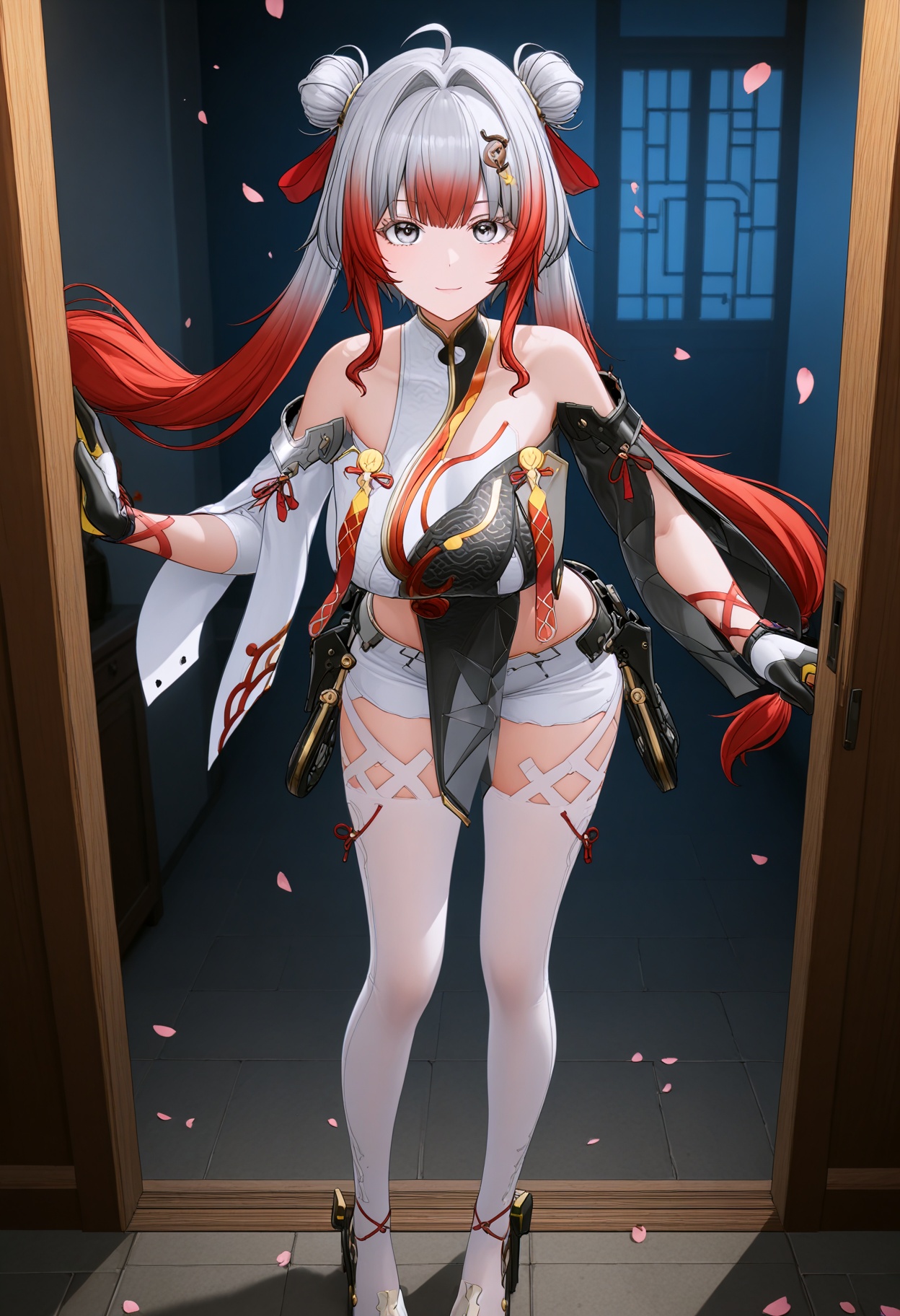 (standing full_body:1.1),looking at viewer:1.1,masterpiece,(best quality),(mutated_hands:-1.2),(bad hands:-1.2),smog,Dark room,dim lighting,peach blossom,falling petals,<lora:YQ_Illustrious光辉二次元v1_卜卜_V1:0.8>,q1528437228,1girl,solo,red hair,multicolored hair,grey hair,long hair,hair ornament,gradient hair,hair bun,double bun,chinese clothes,twintails,grey eyes,dress,detached sleeves,gloves,hair intakes,thighhighs,white pantyhose,white thighhighs,shorts,high heels,two-tone hair,pelvic curtain,thighs,white shorts,