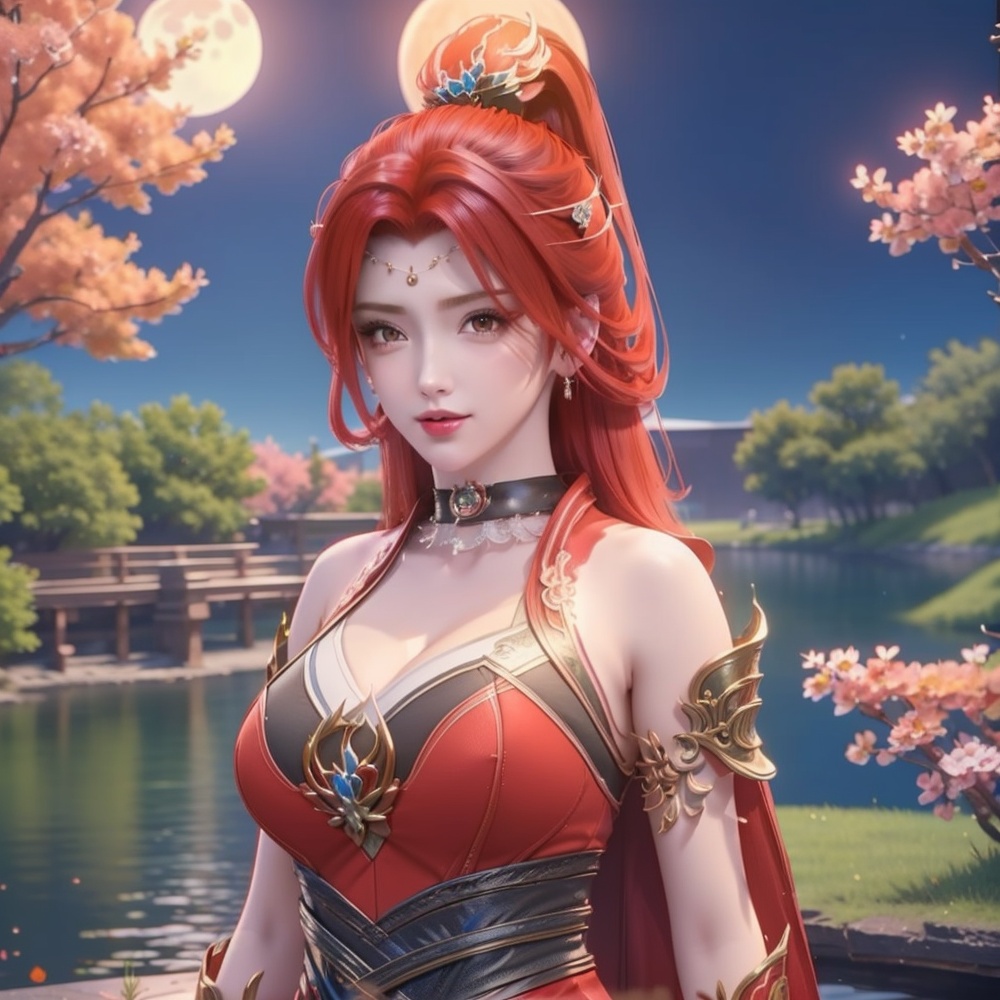 <lora:斗破苍穹-唐火儿:1>red hair,  (,1girl, ,best quality, ),looking at viewer,  ,ultra detailed background,ultra detailed background,ultra realistic 8k cg,, ,masterpiece, (( , )),, ,   ,   cure blossom, full moon,night,night sky,  (cleavage), (), ,,