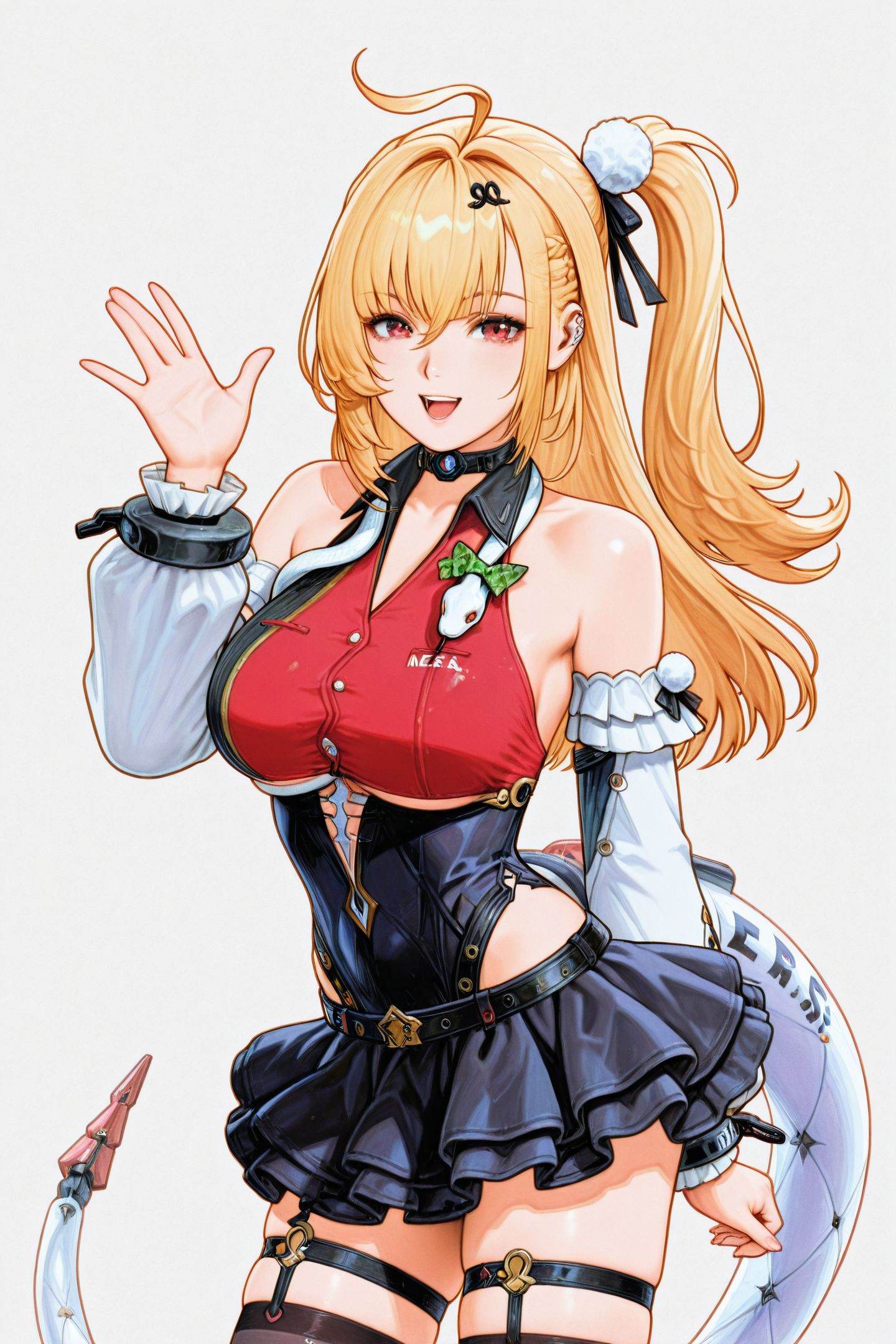 Shinkiro Style,Cissia \(zenless zone zero\),1girl,blonde hair,thighhighs,breasts,solo,large breasts,long hair,red eyes,ahoge,hair ornament,detached sleeves,skirt,looking at viewer,open mouth,smile,black thighhighs,black frilled skirt,thigh strap,bare shoulders,one side up,pom pom hair ornament,green bow snake,snake around neck,mechanical snake tail,hairclip,Cissia's hairclip,pom pom \(clothes\),black and red leotard,upper body,hand up,traditional media,side ponytail,<lora:Shinkiro_v2_illustriousXL:1.3>,<lora:Cissia_illustriousXL:0.8>,