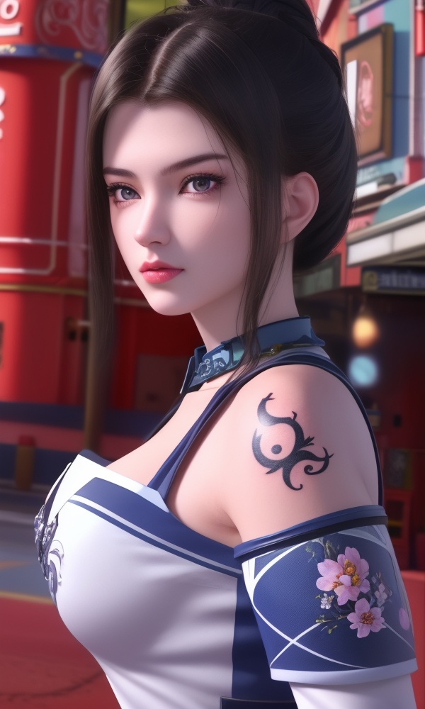 (,1girl, ,best quality, ),looking at viewer, <lora:432-DA-少年歌行-陈飞瑶:0.8> ,,ultra detailed background,ultra detailed background,ultra realistic 8k cg,, ,masterpiece, (( , )),ultra realistic 8k cgSurrounded by strange, movie perspective, advertising style, Colorful background, splash of color A beautiful woman with delicate facial features,tattoo all over body, flower arms, from below,