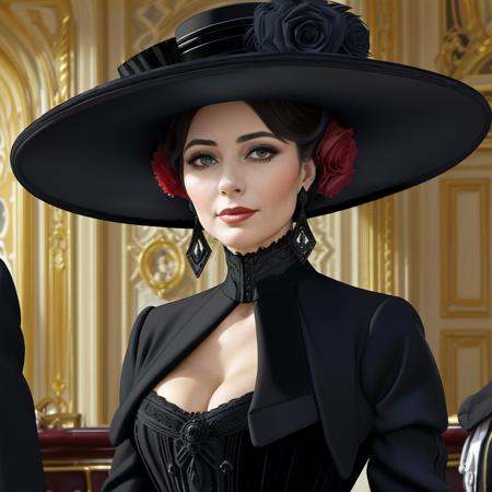 masterpiece,  uhd,  sharp color photo of a beautiful woman wearing a high-neck layered black dress on Tensor.Art