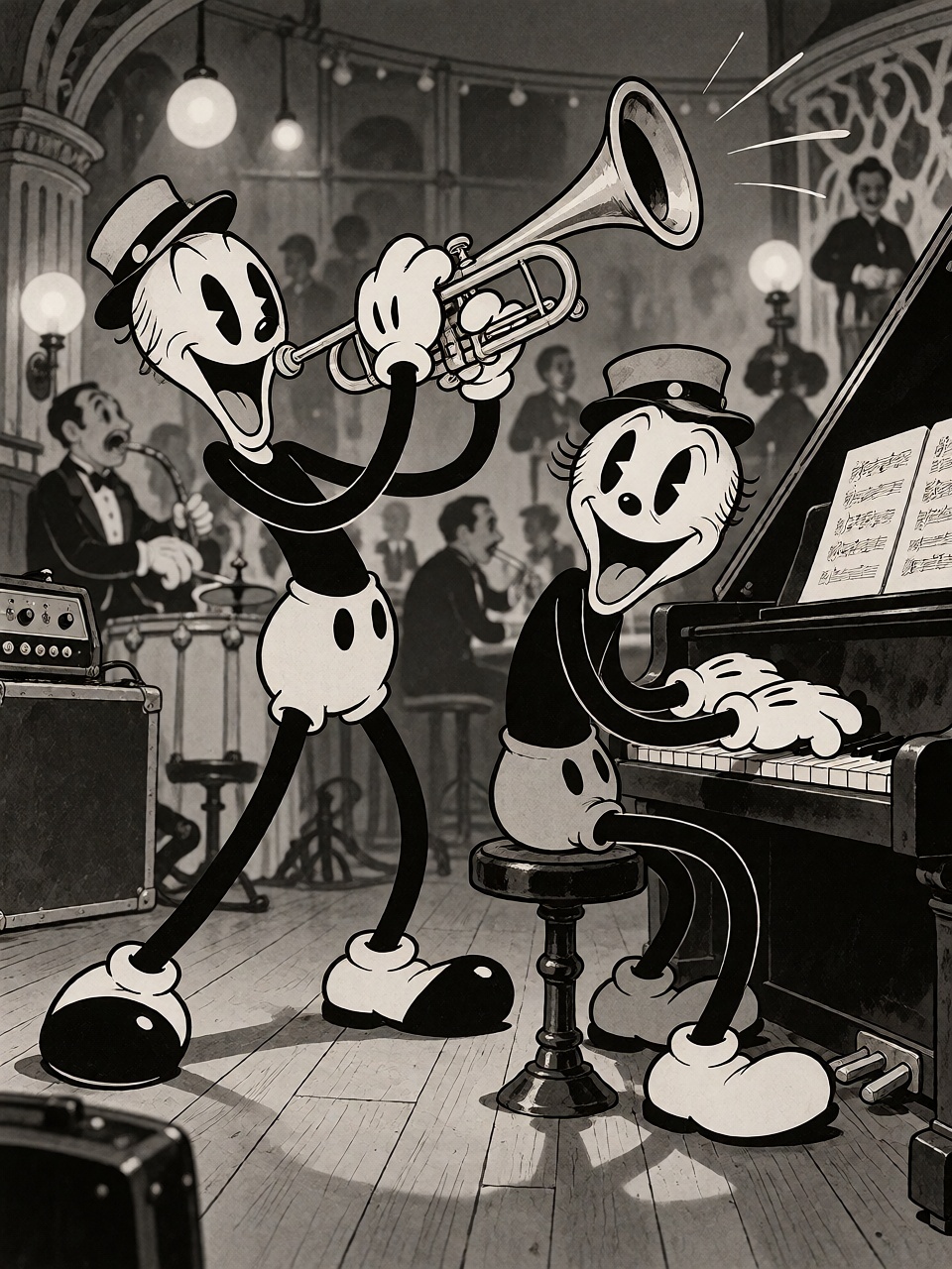 Two original rubber hose cartoon musicians performing in a lively jazz club,  one playing trumpet and the other piano,  ex...