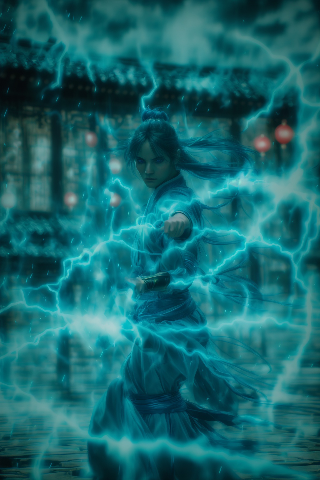 fighting stance,dancing,ancient-costume,cyan-aura,using cyan-lightning-magic,cyan-lightning-magic,using cyan-magic,cyan-magic,1girl,solo,long hair,blue eyes,<lora:magic_fighting_cyan_512_dreamshaper_8_3:1>,
